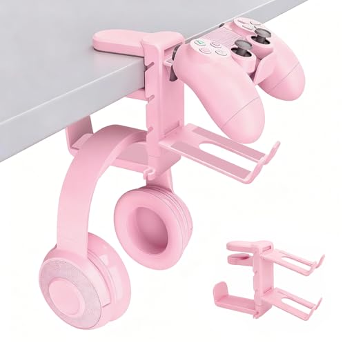 Drehbarer Kopfhörerständer mit 360°-Drehgelenk – verstellbarer Klemm-On-Headset-Halter unter dem Schreibtisch, universeller Gaming- und Büro-Kopfhöreraufhänger (Rosa)