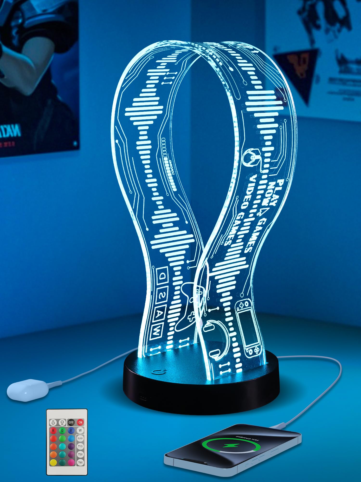 CoolGift Mart Leuchtender Kopfhörerständer mit 16 farbigen Lichtern, Acryl-Headset-Ständer im Gaming-Design mit 1 USB- und 1 Typ-C-Ladeanschluss, Geschenk für Gamer, Männer und Musikliebhaber