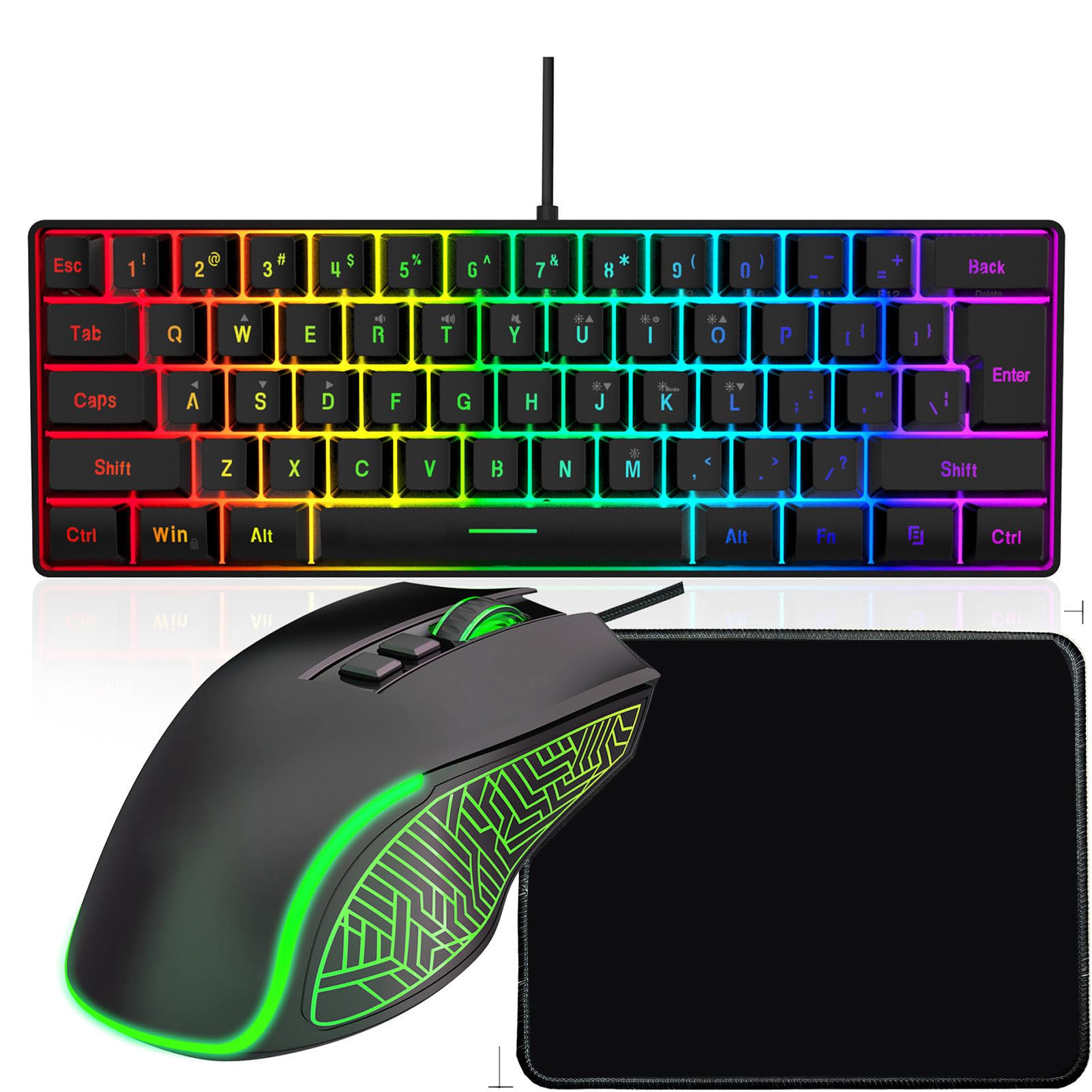 Asixxsix RGB Gaming Tastatur und Maus, Tastatur USB Wired RGB Backlighting Effekte Keycap Struktur Abs Doppelfarbinjektion, Ergonomisches Design Maus für Spiele und Arbeit (schwarzes Set)