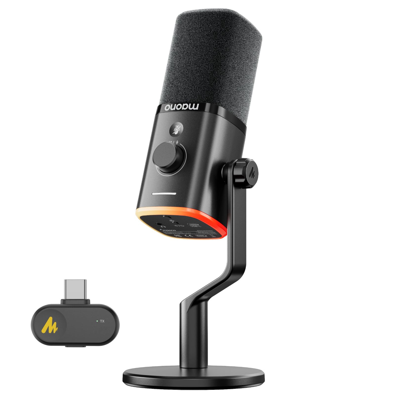 MAONO PD100W Kabelloses Gaming Mikrofon, 2.4GHz Wireless & USB Dynamisches PC Mikrofon mit ENC Rauschunterdrückung & Software für Streaming, Recording, Podcast für Computer, PS4/5, Smartphone, Schwarz