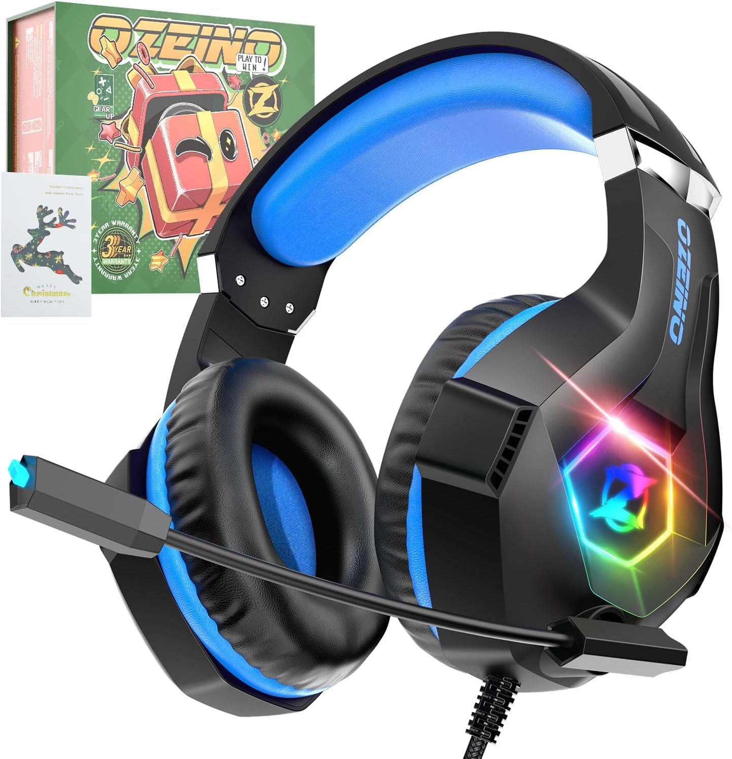 Ozeino Gaming-Headset mit drehbarem Mikrofon, RGB-Licht, Premium Stereo, Ohrenschützer, leicht, bequem, für PS4, PS5, Xbox PC, Switch, Tablet, Laptop