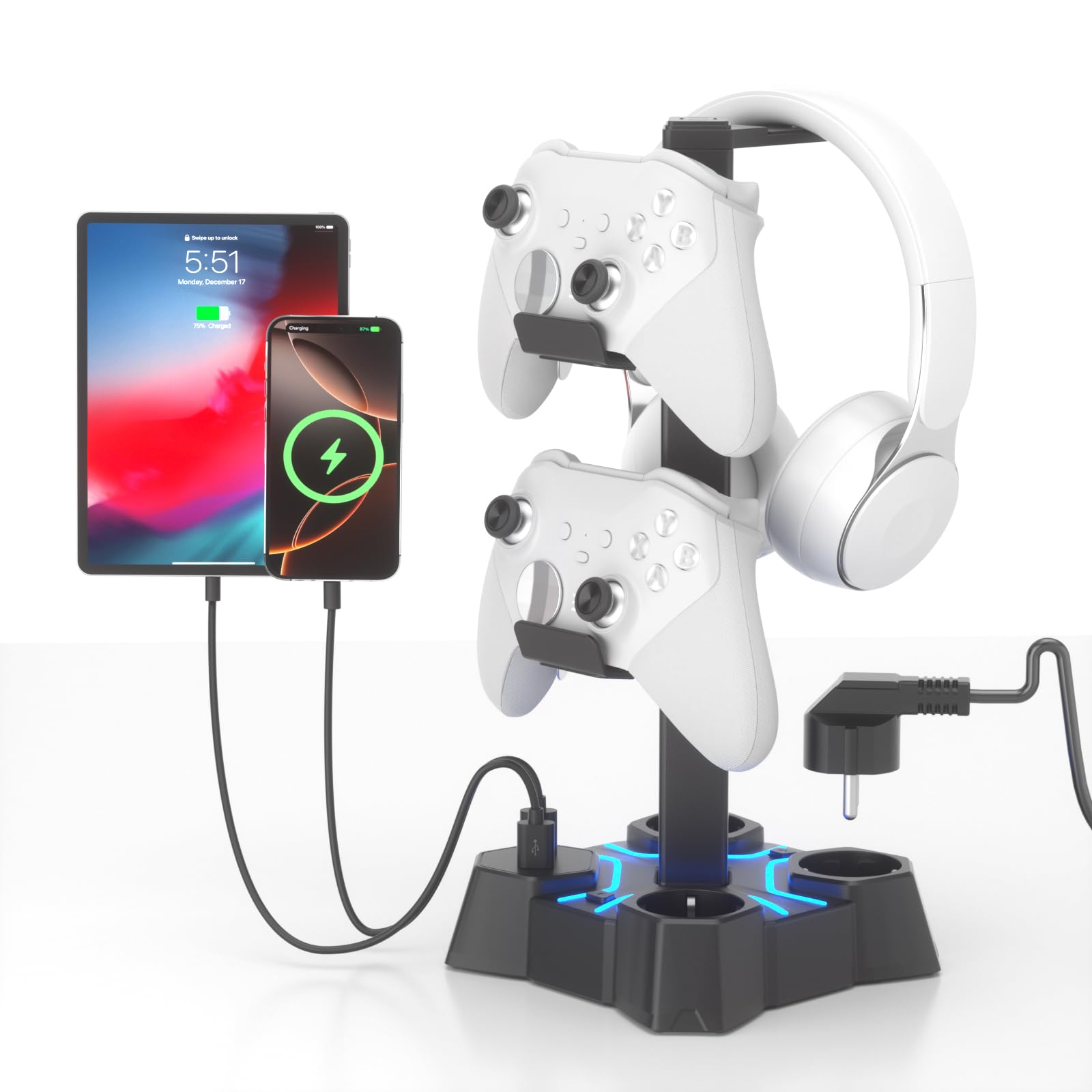 KDD Headset Halterung Led mit USB Ladestation, Controller Halterung & Kopfhörer Ständer Tisch mit 2 USB Anschlüssen & 3 EU Steckdosen, Headset Ständer & Controller Halter für Gamer PC Gaming Zubehör