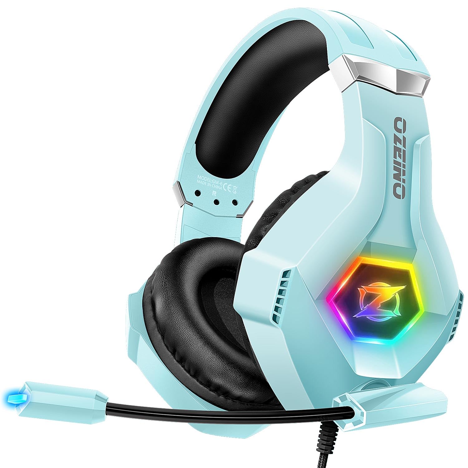 Ozeino Gaming Headset für PS4 PS5 PC, Kopfhörer mit Mikrofon, Geräuschunterdrückung, 3D Surround Sound, Komfort-Kopfhörer mit RGB-LED, Hellblau
