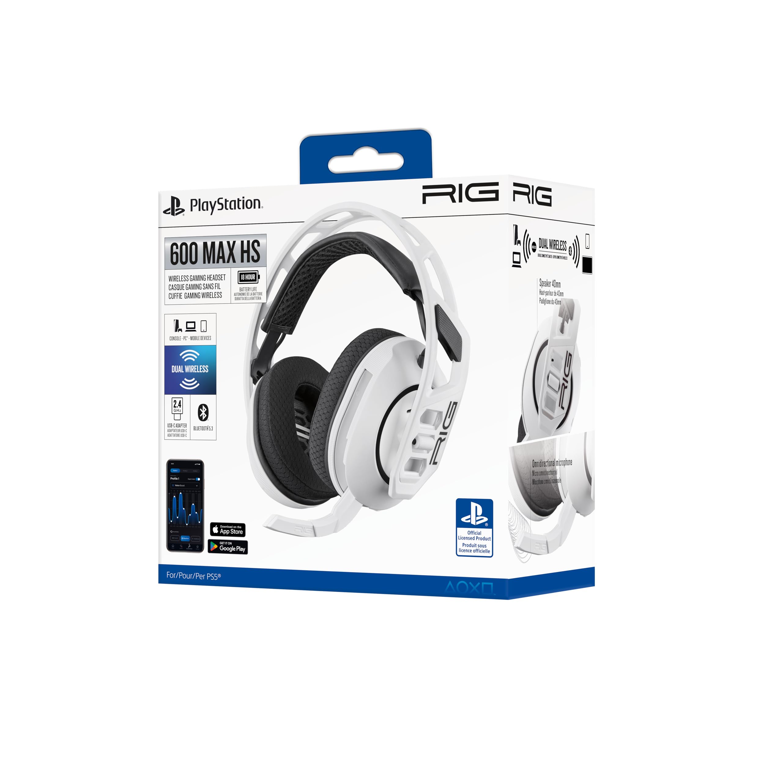 RIG 600 Max HS Weißes Gaming-Headset, Sony-lizenziert für PS5. Kabelloses Stereo-Gaming-Headset für PS5, kompatibel mit PS4, PC und Handys. Duale drahtlose Verbindung: RF und Bluetooth für den Empfang