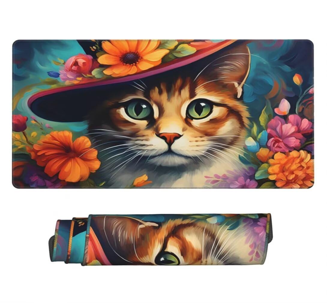 Mauspad XXL 1000x500mm, Katze Mousepad XXL Mauspad Gaming Blumen Mouse Pad mit Genähten Kanten, Rutschfest und Wasserabweisend Schreibtisch Unterlage Groß Desk Mat für Tastatur und Maus -MP686