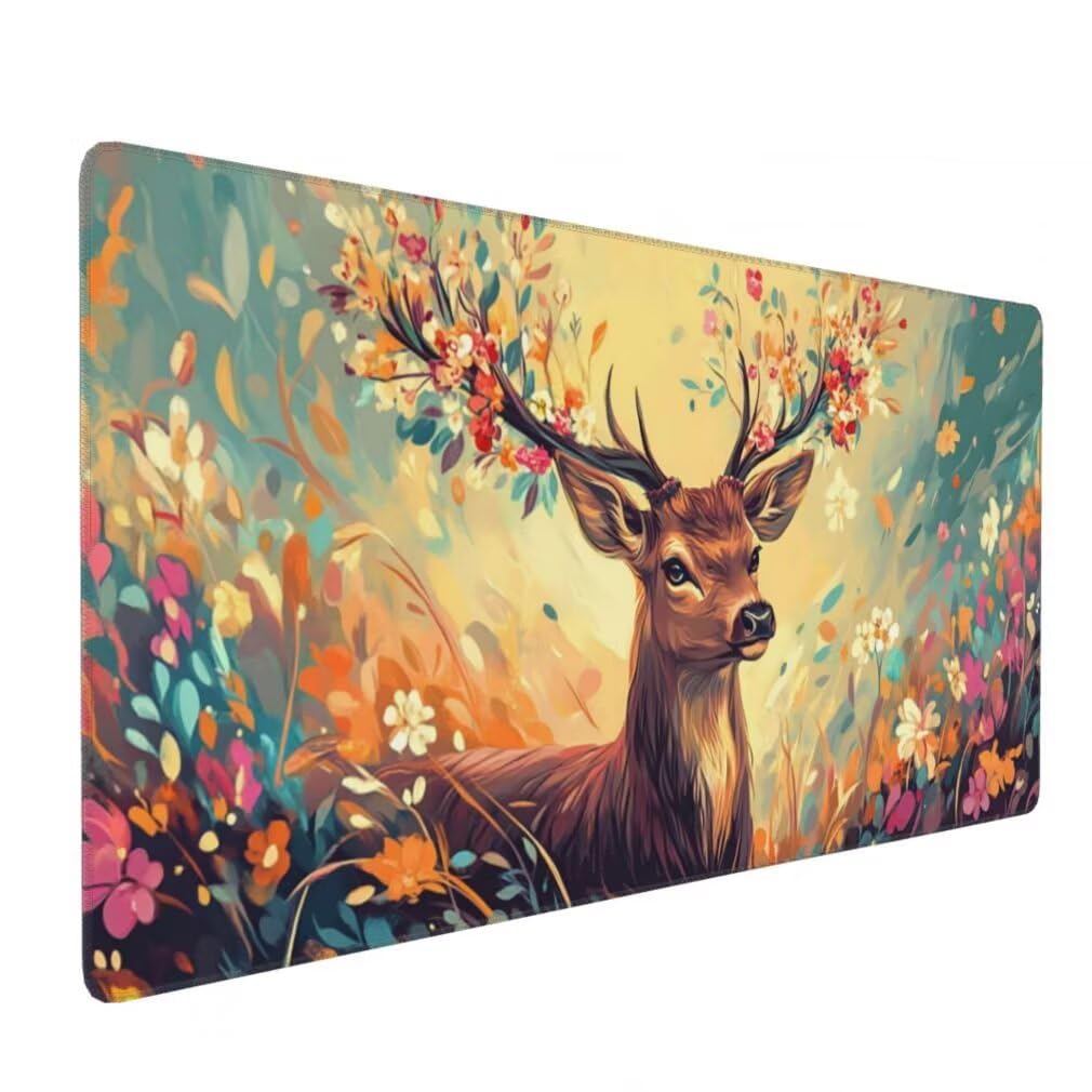 Mauspad XXL 1000x500mm, Hirsch Mousepad XXL Mauspad Gaming Blumenmuster Mouse Pad mit Genähten Kanten, Rutschfest und Wasserabweisend Schreibtisch Unterlage Groß Desk Mat für Tastatur und Maus -MP700