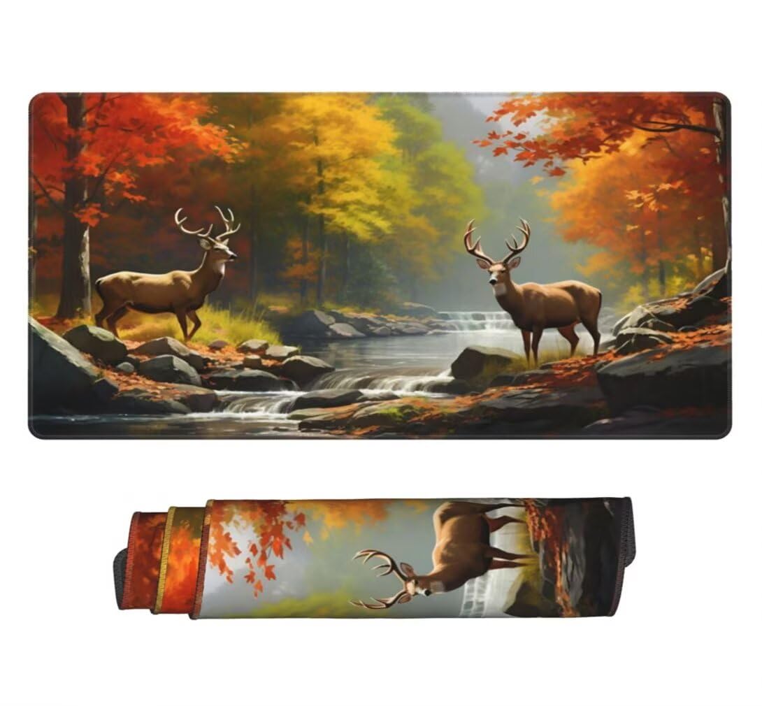Mauspad XXL 1000x500mm, Herbstwald Mousepad XXL Mauspad Gaming Hirsch Mouse Pad mit Genähten Kanten, Rutschfest und Wasserabweisend Schreibtisch Unterlage Groß Desk Mat für Tastatur und Maus -MP746