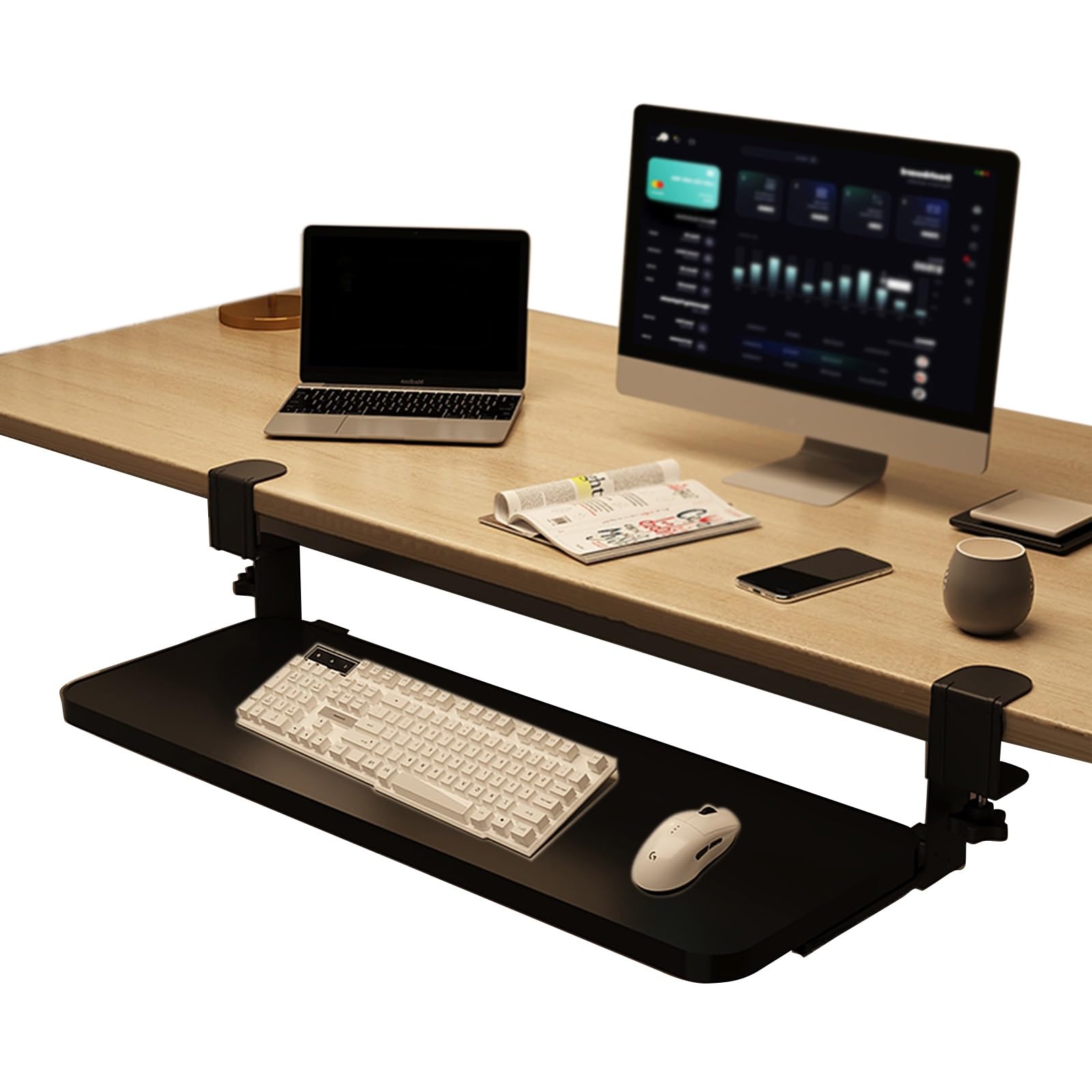 Benutzerdefiniertes Tastenkappen-Set – Tastaturablage unter dem Schreibtisch, ausziehbare Tastaturablage mit Schubladen für Mäuse – Schwarz, 65 x 24 cm, perfekt für Heimbüro und Gaming-Setup