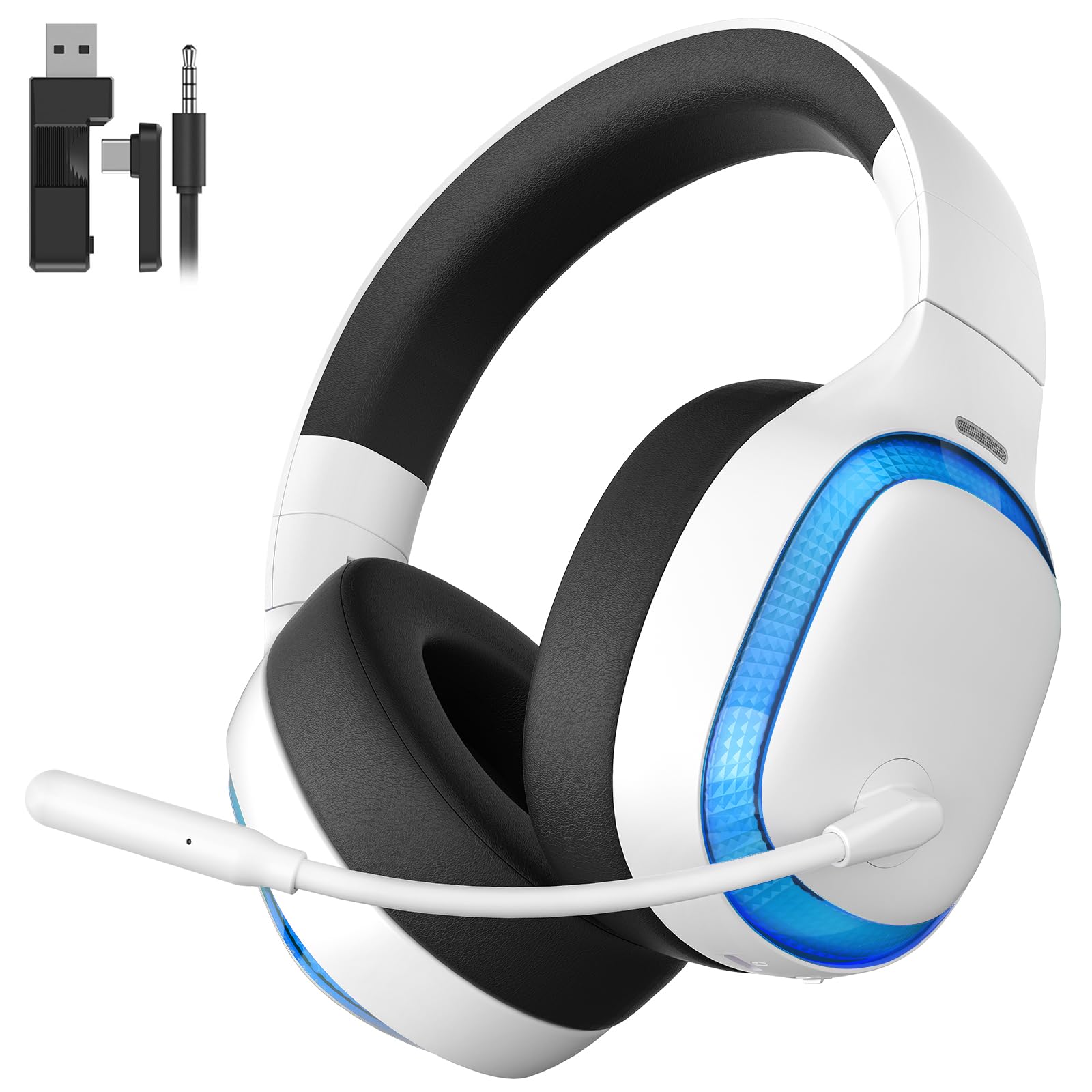 Gaming-Headset, 2,4 GHz kabelloses Gaming-Headset für PS5, PS4, PC, Mac, Bluetooth 5.4 Gaming-Kopfhörer mit Geräuschunterdrückungs-Mikrofon, 70H Akku, Surround-Sound, flach aufliegend