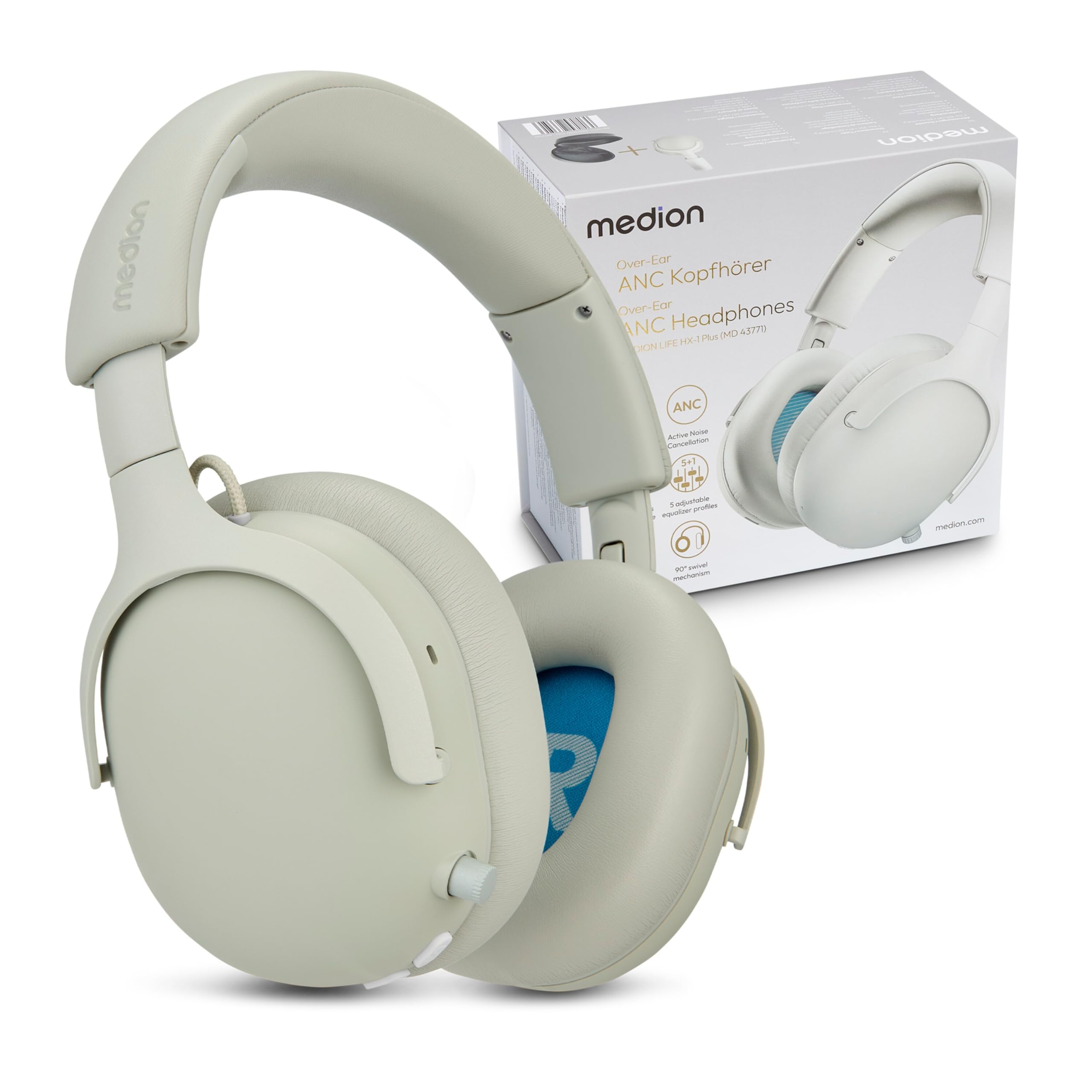 MEDION Over Ear Kopfhörer HX-1 Plus (kabellos, Feed Forward Noise Cancelling, Bluetooth 6.0, Wireless, 5+1 EQ Presets, bis zu 100 Stunden Akkulaufzeit, IPX4 Spritzwasserschutz) Monochrome
