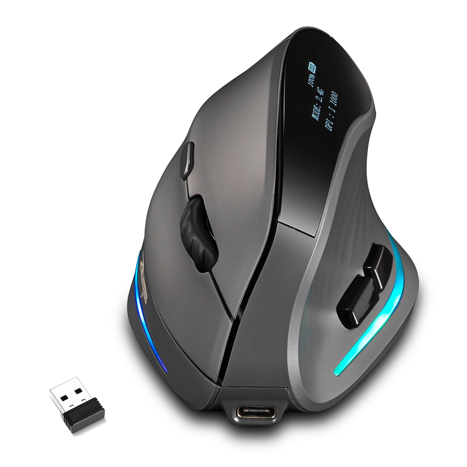 Gaming Maus mit Display, Kabellose Vertikale Ergonomische Maus mit Tri-Mode-Konnektivität, 7 programmierbare RGB-Tasten, 4000 DPI, Wiederaufladbar für PC Laptop Mac