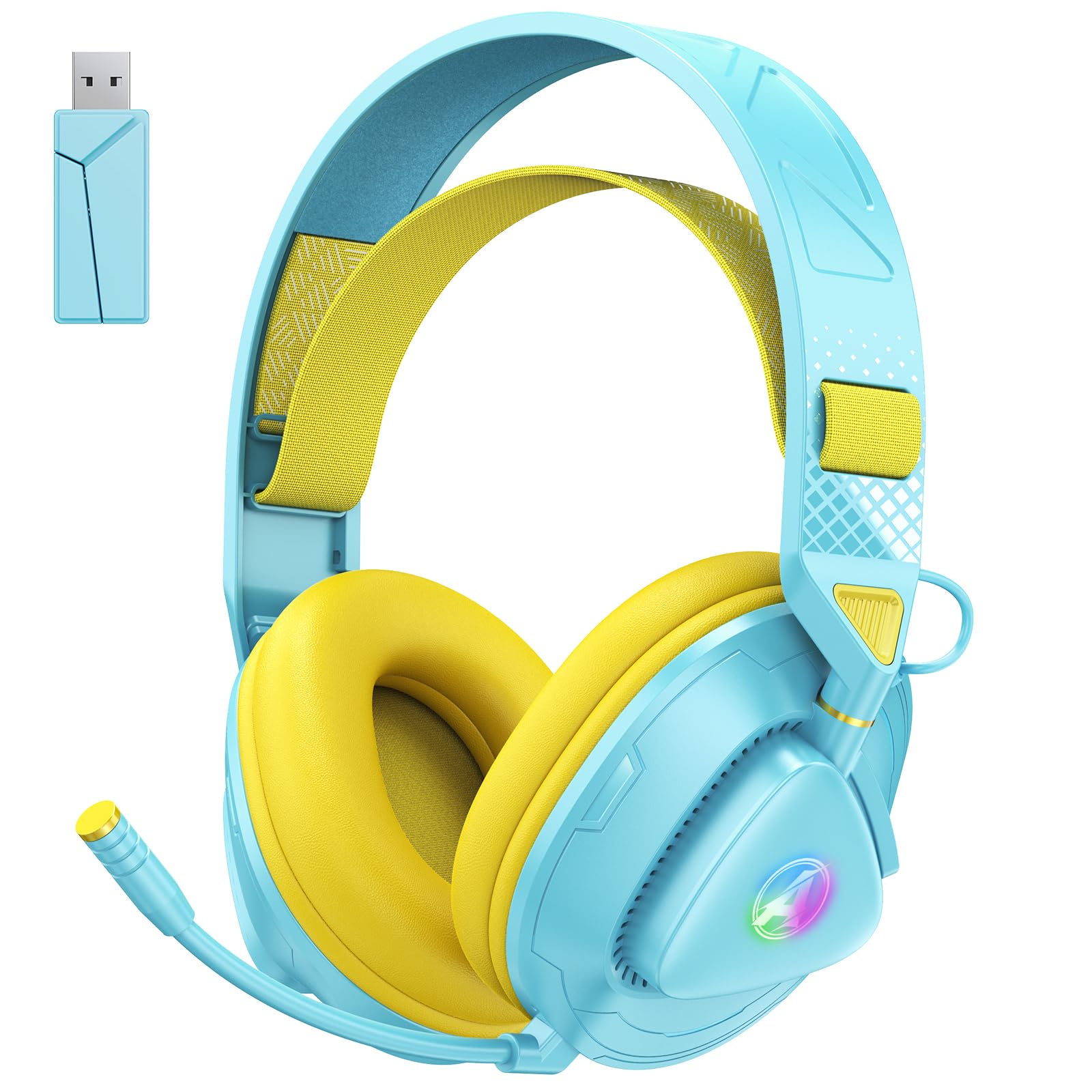 PH3 Kabelloses Gaming Headset für PS5, PS4, PC,Bluetooth-Kopfhörer mit 50 Stunden Akku, Gaming-Headset mit Mikrofon mit Geräuschunterdrückung,RGB Licht,Hellgelb