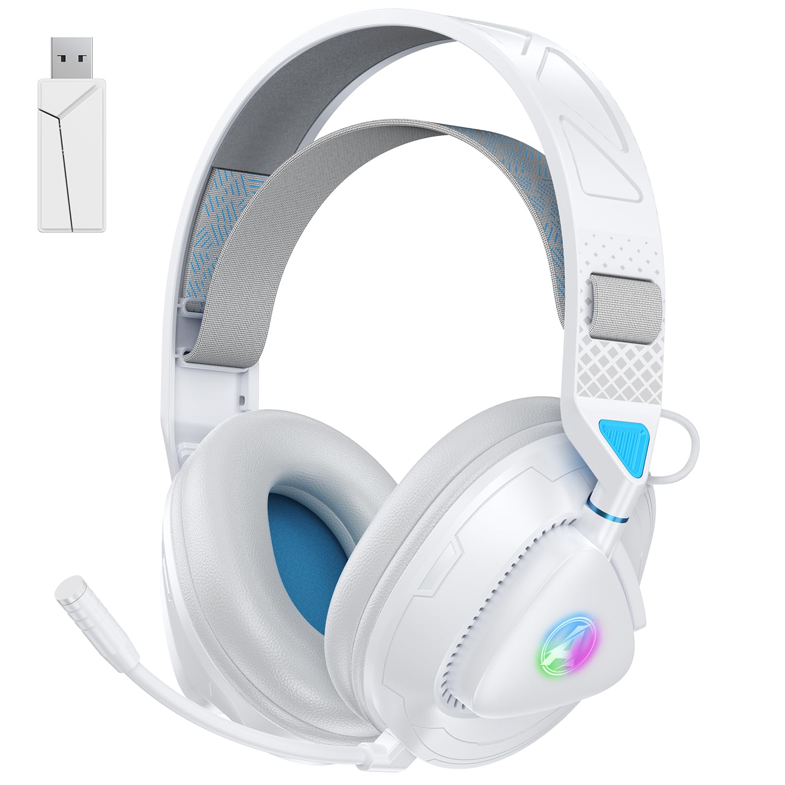 PH3 Kabelloses Gaming Headset für PS5, PS4, PC,Bluetooth-Kopfhörer mit 50 Stunden Akku, Gaming-Headset mit Mikrofon mit Geräuschunterdrückung, RGB Licht, Perlweiß