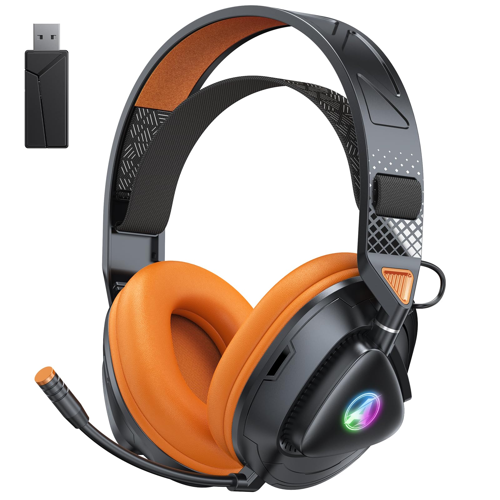 PH3 Kabelloses Gaming Headset für PS5, PS4, PC,Bluetooth-Kopfhörer mit 50 Stunden Akku, Gaming-Headset mit Mikrofon mit Geräuschunterdrückung,RGB Licht, Hellorange