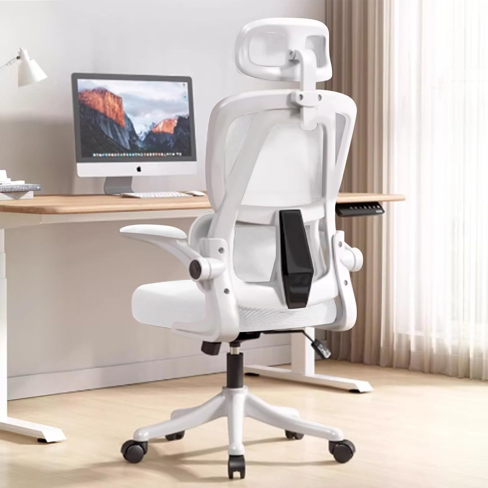 Ergonomischer Bürostuhl - Weiß | Höhenverstellbarer Schreibtischstuhl mit Hochrücken,Mesh und Lendenstütze,Hochklappbaren Armlehnen | Für Homeoffice,Gaming,Studium