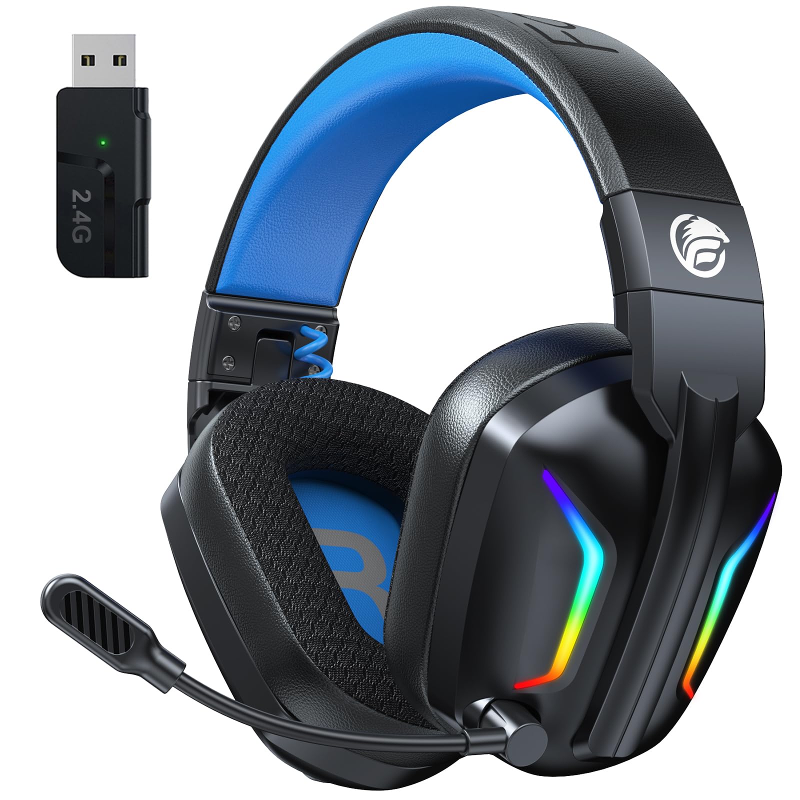 Fachixy FC-300 Gaming Headset mit Mikrofon, 2,4G Wireless Headset für PS5, PS4, PC, Switch, Mac, Surround Sound Faltbarer Bluetooth Gaming Kopfhörer kabellos mit LED Licht, Über 50H+ Akkulaufzeit
