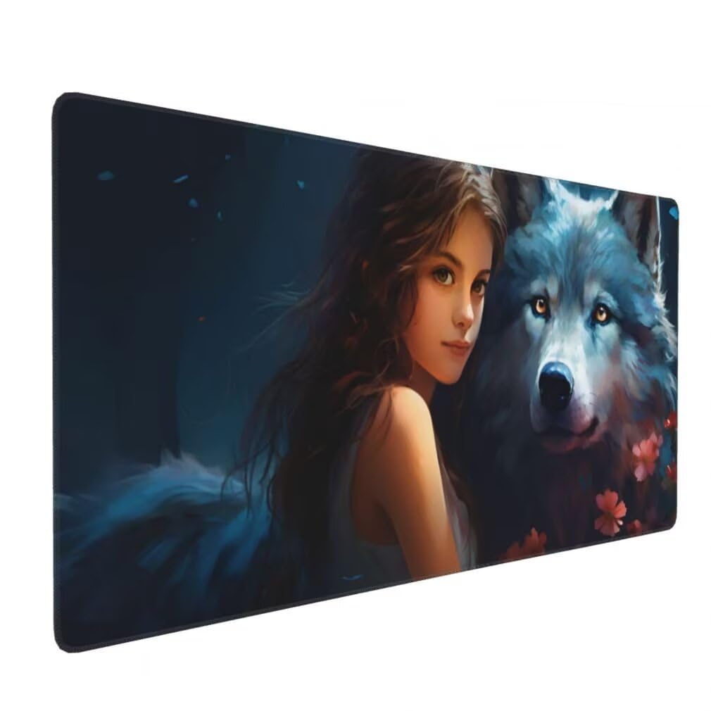 Mauspad XXL 1000x500mm, Wolf Mousepad XXL Mauspad Gaming Prinzessin Mouse Pad mit Genähten Kanten, Rutschfest und Wasserabweisend Schreibtisch Unterlage Groß Desk Mat für Tastatur und Maus -MP786