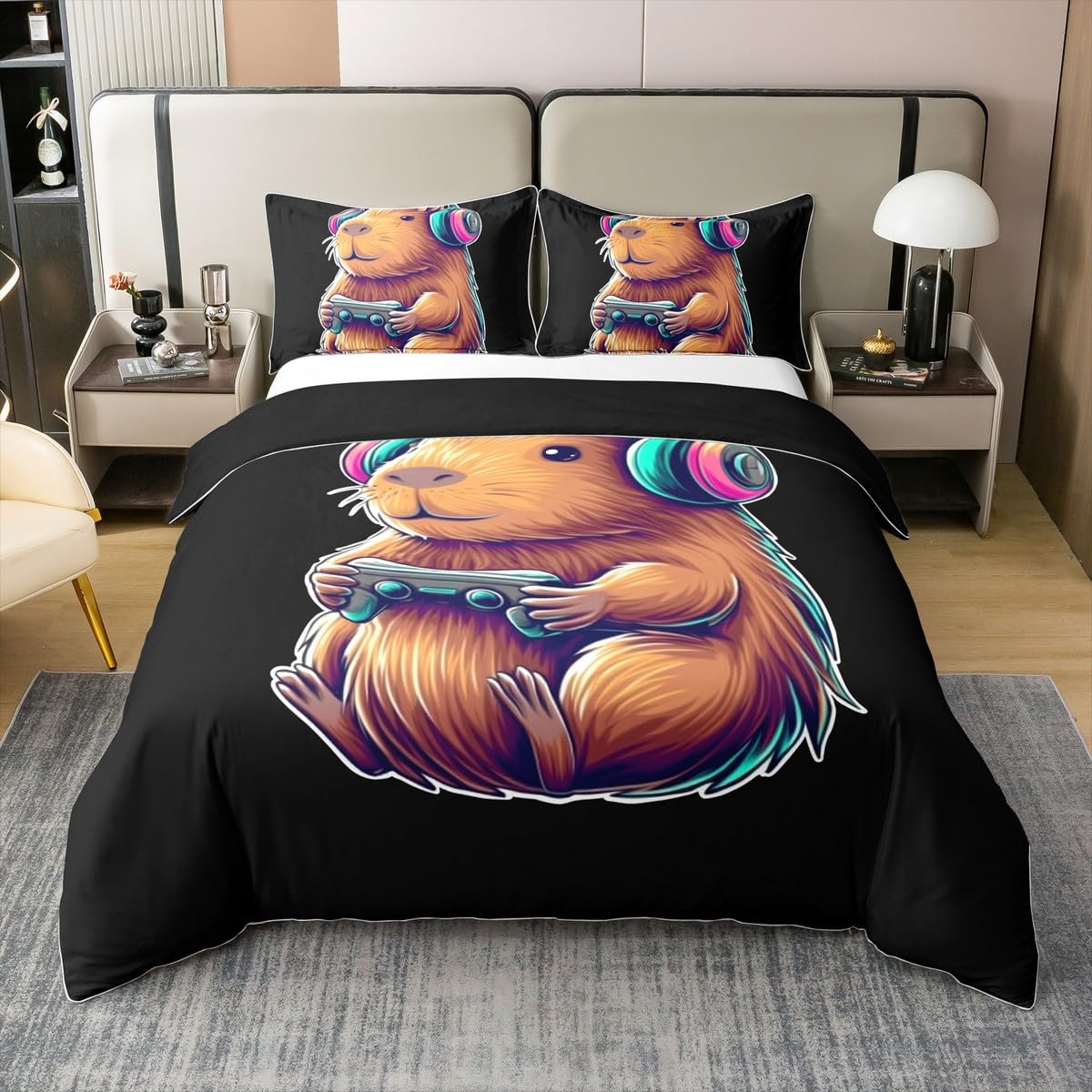 Homewish Gaming Capybara Sachen Baumwolle Bettwäscheset 155x220cm Nette Capybara Lustige Videospiele Gamer Bettbezug für Kinder Farbverlauf Headset Trendkunst Teenager Bettwäsche Tierliebhaber Bettset