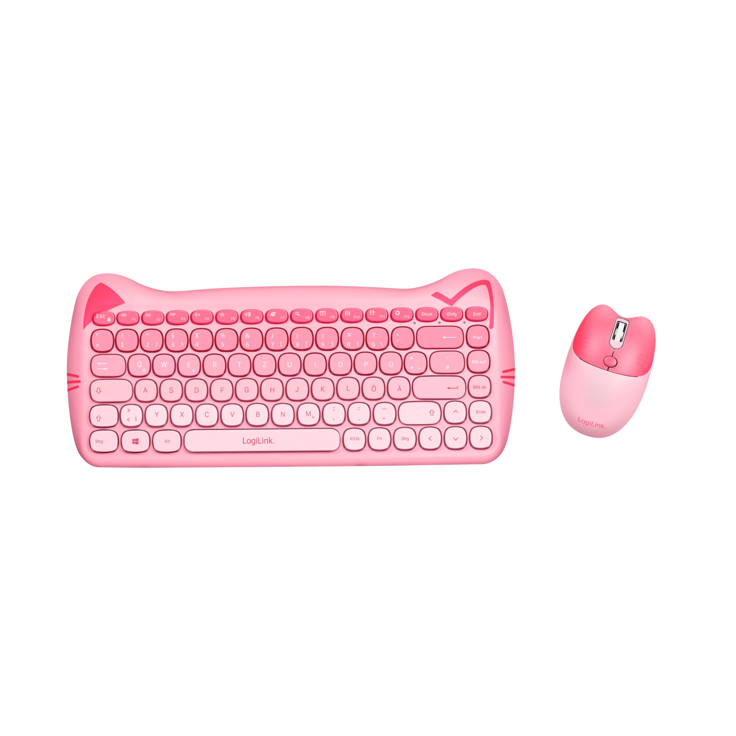 LogiLink kabellose 2,4 GHz kindgerechte Tastatur-Maus-Kombi 1600 DPI QWERTZ-Layout Windows MAC 85 Tasten 12 Multimediatasten Katzen-Design Energiesparmodus Pink