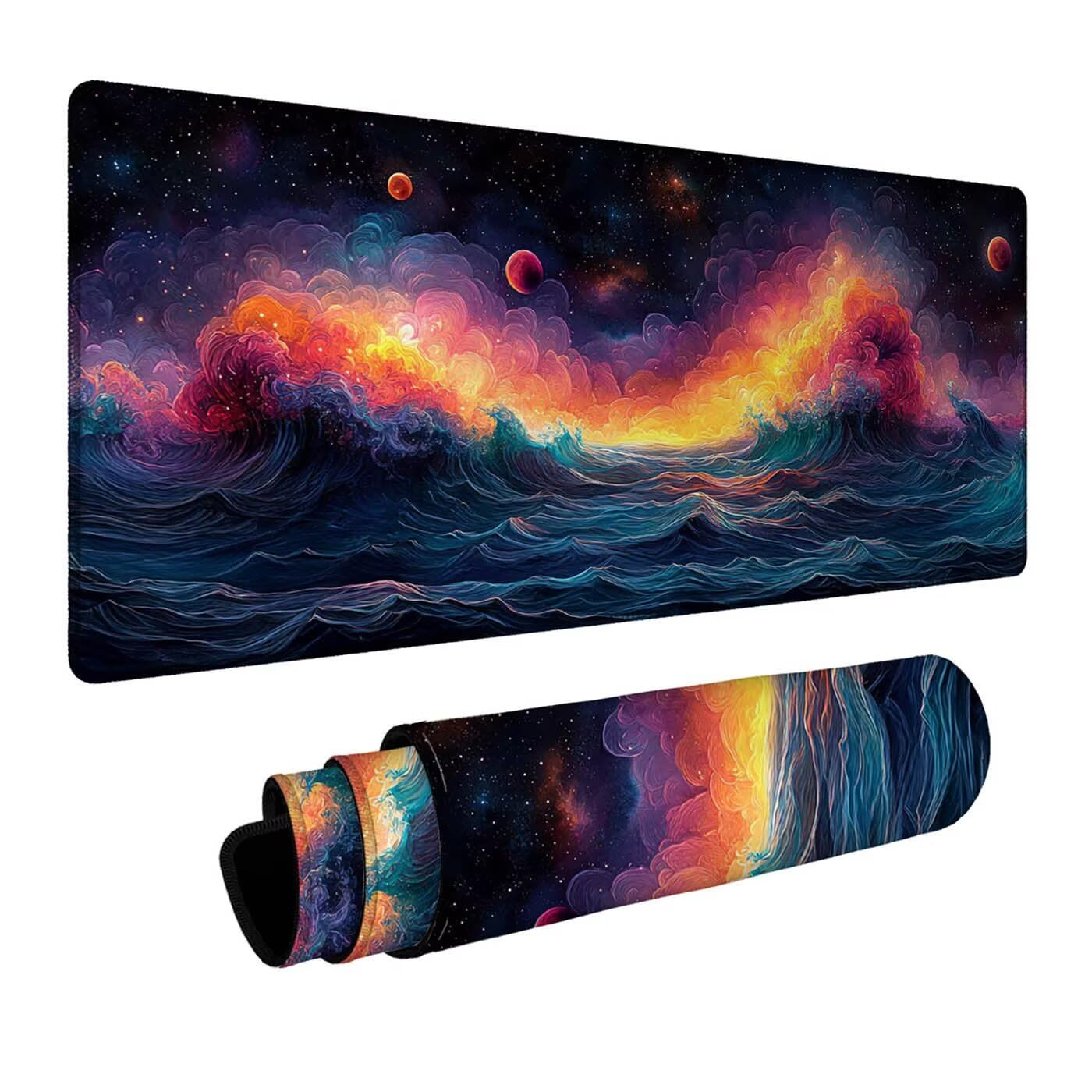 Mauspad Sternenhimmel Mousepad Meereswellen, Mousepad XXL 60x140x0.3 cm Genähte Kanten Genauigkeit Geschwindigkeit Verbessern, Maus Schreibtischunterlage für Gaming Zubehör Geschenke DBYH-7910