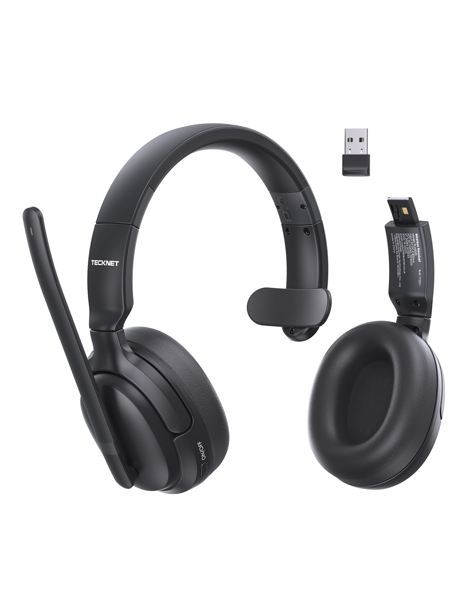 TECKNET Wireless Headset mit Noise Cancelling, V5.4 Bluetooth Headset mit Mikrofon, Mono/Stereo 2-in-1, 65+ Std. Akku, Over-Ear Headset mit USB-A Empfänger, Kabellos Kopfhörer Für Trucker/Callcenter