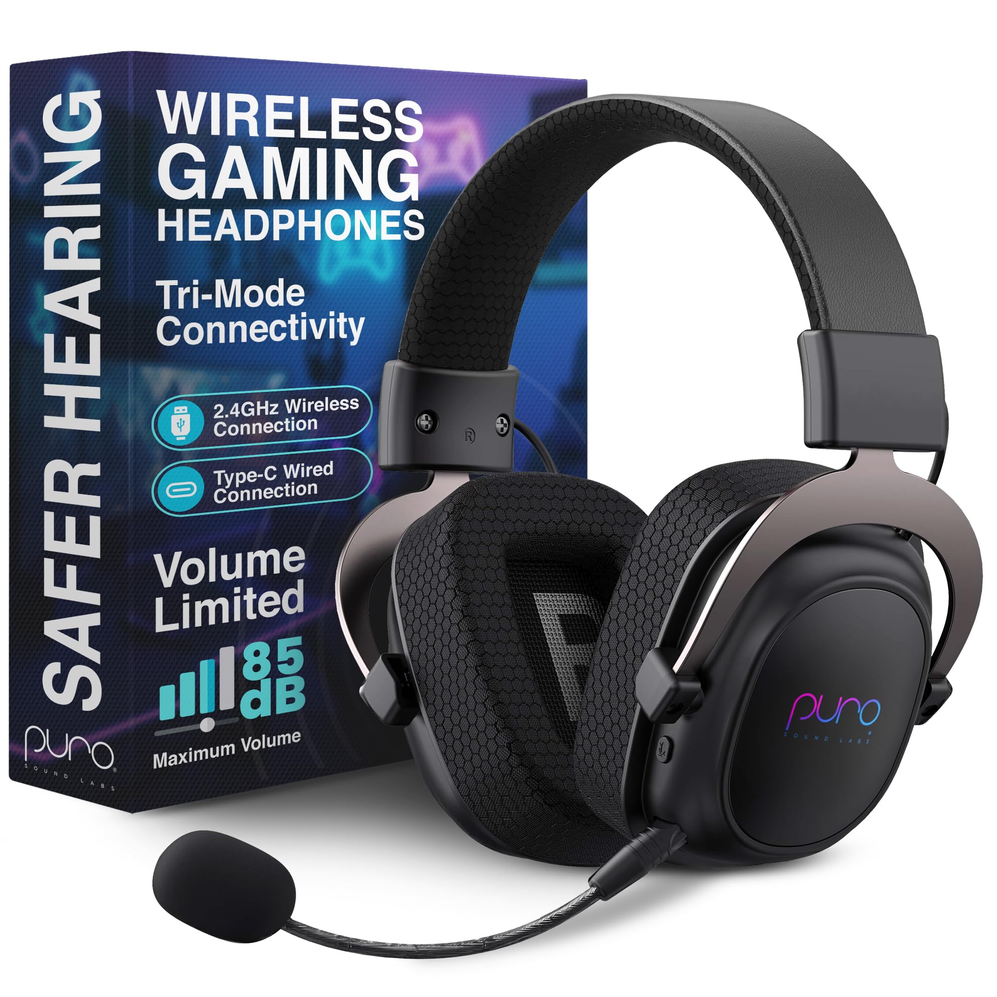 Puro Sound Labs PuroGamer-BT Kabelloses Gaming-Headset, Lautstärkebegrenzung 85 dB, Tri-Mode-Konnektivität, Abnehmbares 360°-Mikrofon – 32 Stunden Akkulaufzeit, Geringe Latenz, Bequemes Design