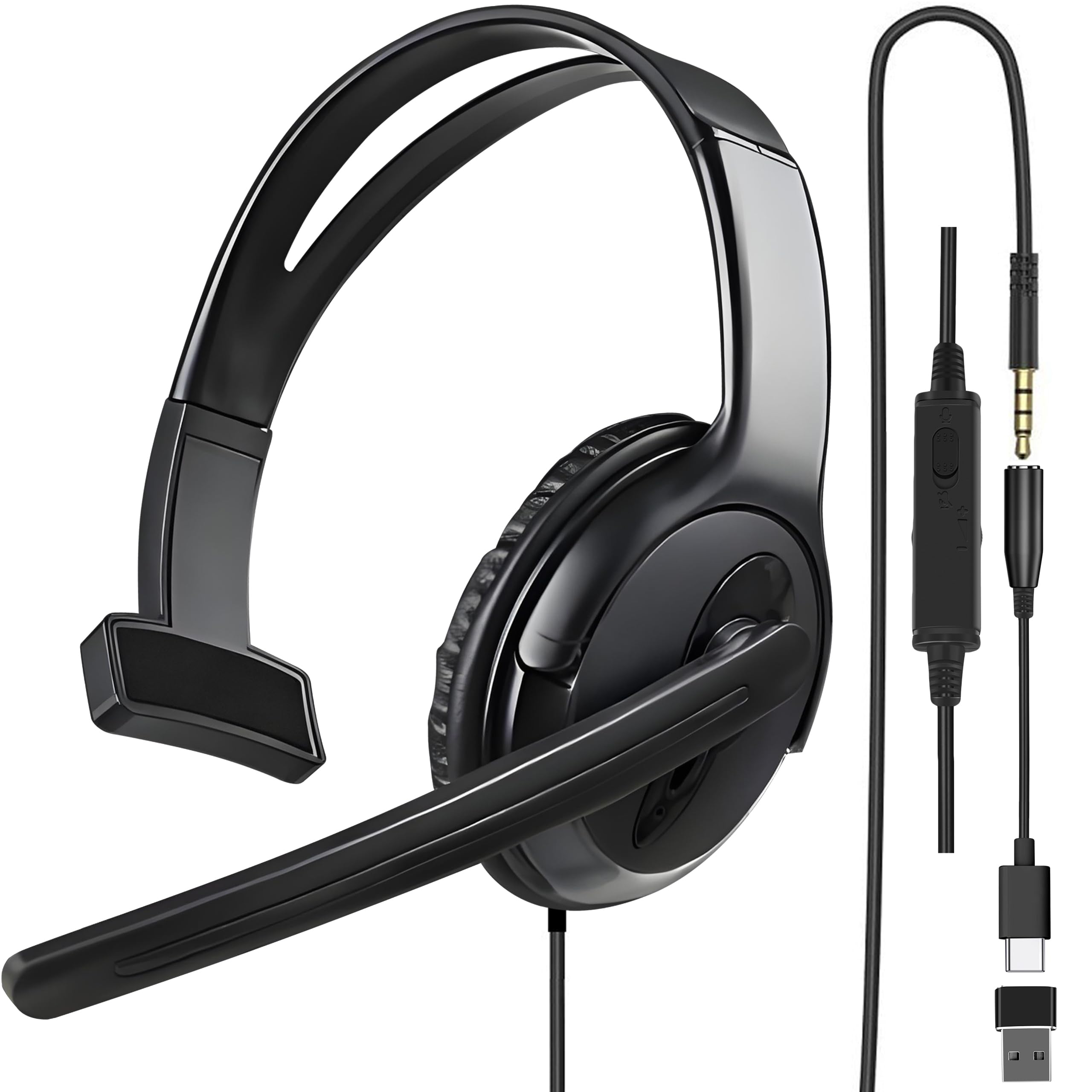 One Ear Gaming Headset with Mic (3.5mm) - Lightweight Single Ear Headset for PS5, PS4, Xbox, Switch, PC, Mac, iPad, Tablet - Includes USB-C & USB-A Adapters - Gaming Chat, Remote Work & Business Calls