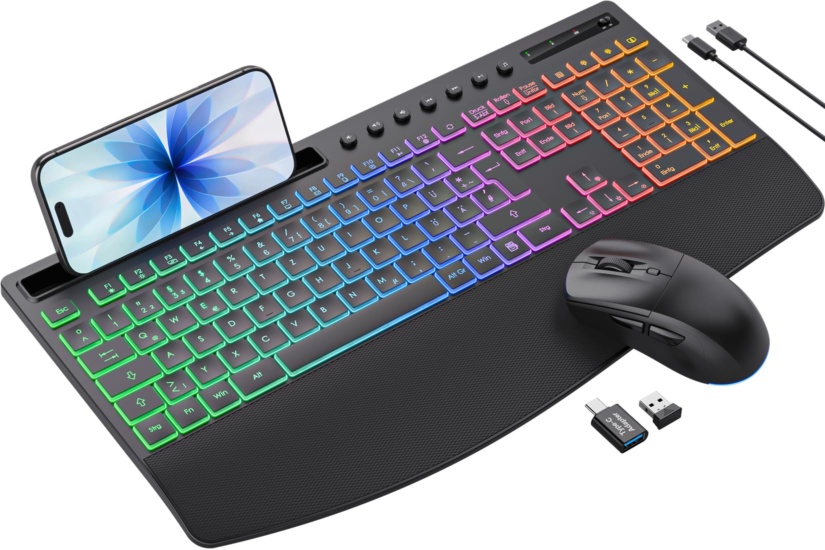 Tastatur Maus Set kabellos Beleuchtete, Wiederaufladbare Tastatur mit 4000 mAh Akku, Telefonhalter, Leise Tippen in Voller Größe, 3 DPI Maus, 2,4GHz USB-A/USB-C für Chrome OS/Window/PC- KM22 Ultra
