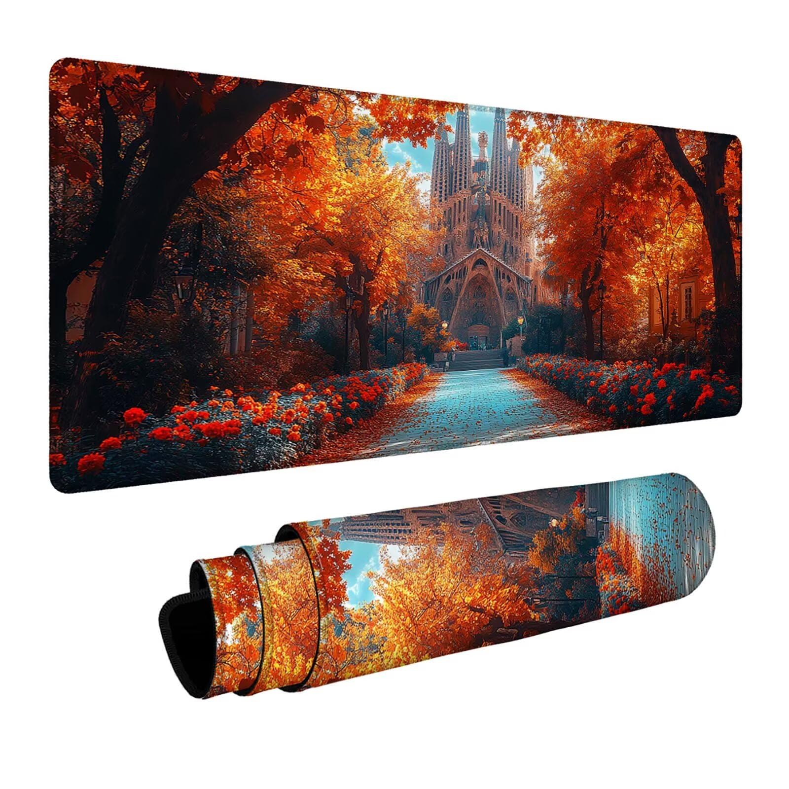 Mauspad Kathedrale Sagrada Familia Gaming Mauspad XXL 100x40x0.3cm Schreibtischunterlage Landschaft Genähte Kanten Antirutsch Gummibasis, Mauspad Gaming für Laptop Maus Home Decoration FSBD-0020