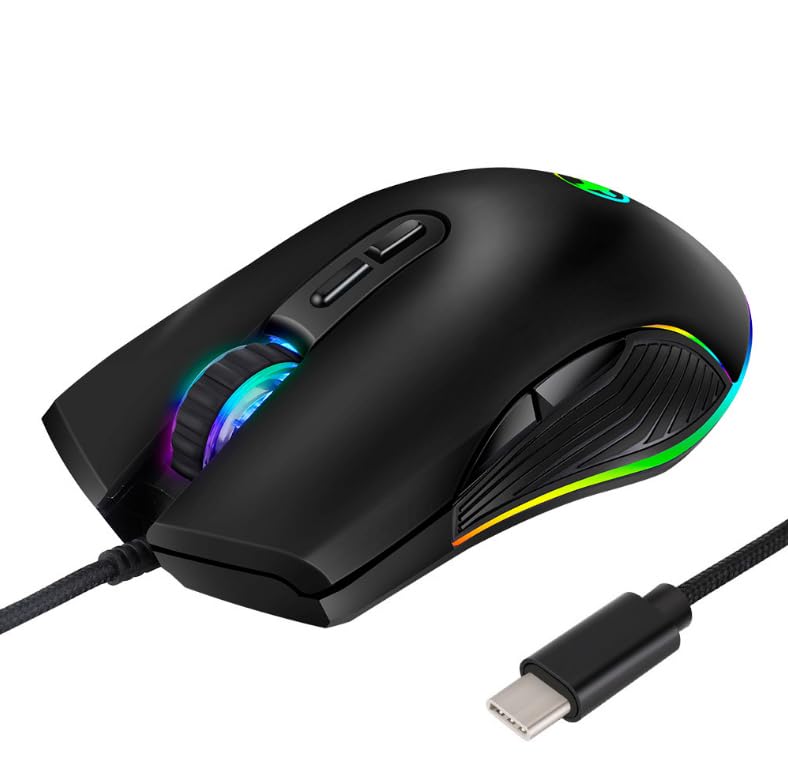 USB C kabelgebundene Gaming-Maus, geräuscharmes Klicken, 4 Farben, RGB-Hintergrundbeleuchtung, optische Maus Typ C mit 1,8 m Kabel, 3200 D-PI, 6 Tasten, ergonomische Maus für PC, Laptop