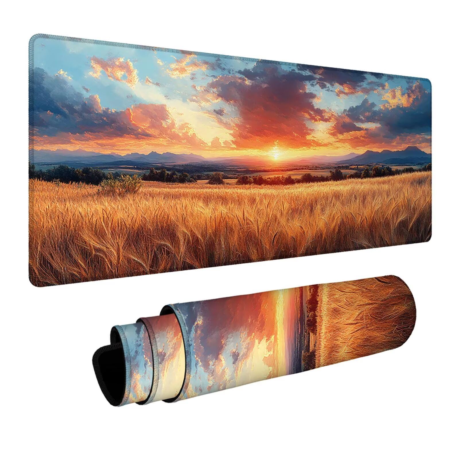 Mauspad Weizenfeld Gaming Mauspad XXL 1000x400x3mm Wasserfest Schreibtischunterlage Sonnenuntergang Genähte Kanten Antirutsch Gummibasis, Mauspad Gaming für Laptop Maus Home Decoration FSBD-1014