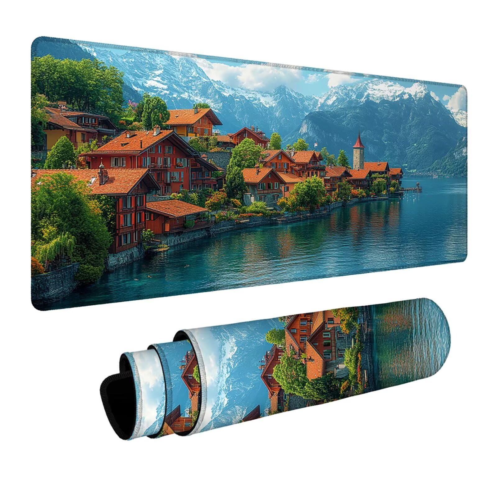 Mauspad Kleine Stadt Gaming Mauspad xxl 100 x 40 x 0.3 cm Wasserfest Schreibtischunterlage Meer Genähte Kanten Antirutsch Gummibasis,Mauspad Gaming für Laptop Maus Herbstdeko Home Decoration FSBD-0921
