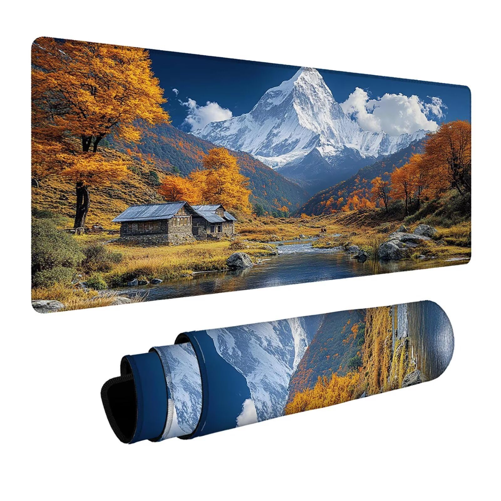 Mauspad Berg Gaming Mauspad XXL 1000 x 400 x 3mm Wasserfest Schreibtischunterlage Schneeberg Genähte Kanten Antirutsch Gummibasis, Mauspad Gaming für Laptop Maus Herbstdeko Home Decoration FSBD-0211
