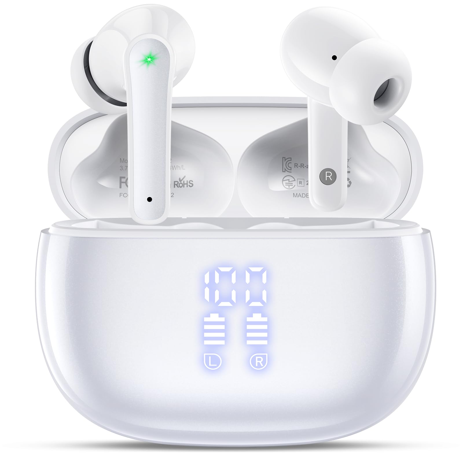 ZIUTY Kabellose Bluetooth Kopfhörer 5.3, In Ear Kopfhörer mit 4 ENC Mikrofonen, 48 Std Akkulaufzeit, LED Display, HiFi Stereo Sound, IPX7 wasserdicht – Pearl