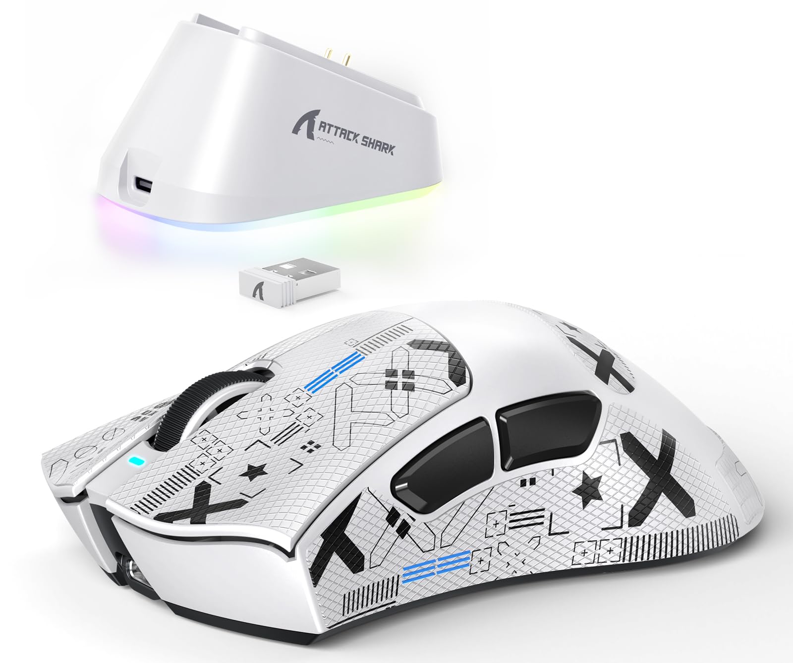 ATTACK SHARK V3PRO Kabellose Gaming-Maus mit Magnet-Ladedock, PixArt PAW3311 Sensor, bis 25000 DPI, BT/2.4Ghz/Kabel, 100M Klicks, 500mAh, 65g Ultraleicht für PC/Xbox/PS/Mac -Weiß & Band