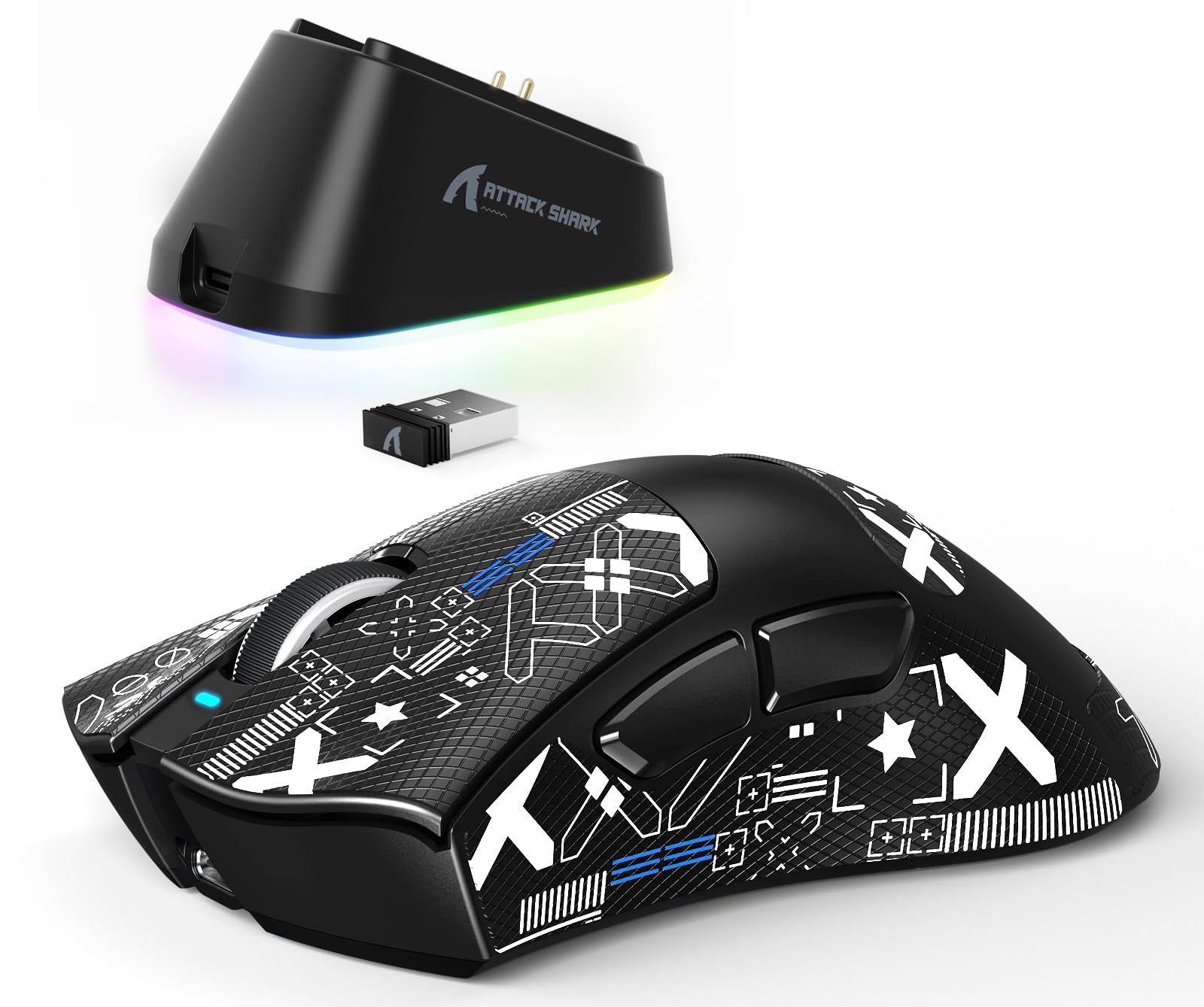 ATTACK SHARK V3PRO Kabellose Gaming-Maus mit Magnet-Ladedock, PixArt PAW3311 Sensor, bis 25000 DPI, BT/2.4Ghz/Kabel, 100M Klicks, 500mAh, 65g Ultraleicht für PC/Xbox/PS/Mac -Schwarz & Band