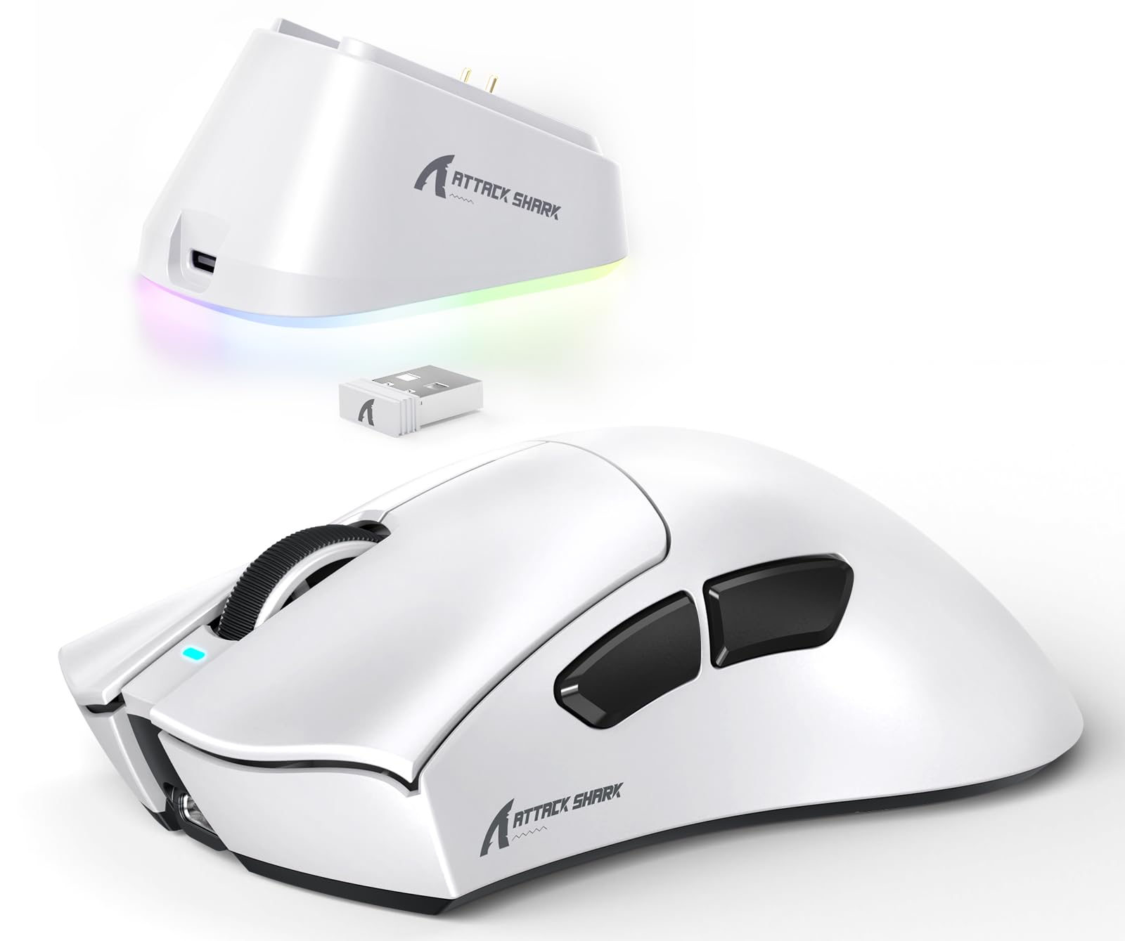 ATTACK SHARK V3PRO Kabellose Gaming-Maus mit Magnet-Ladedock, PixArt PAW3311 Sensor, bis 25000 DPI, BT/2.4Ghz/Kabel, 100M Klicks, 500mAh, 65g Ultraleicht für Win11/Xbox/PS/Mac -Weiß