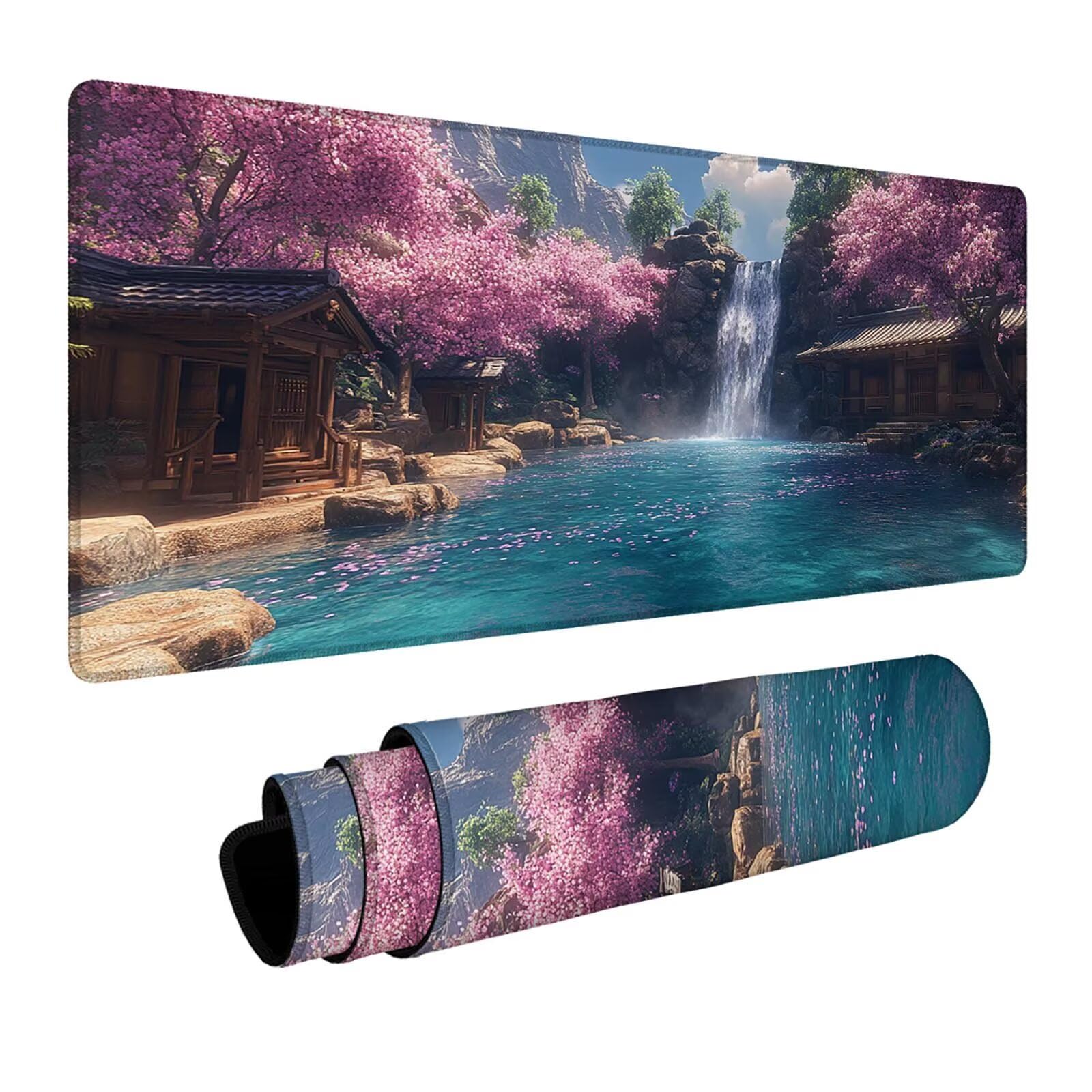 Mauspad Wasserfall Gaming Mauspad xxl 1000x400x3mm Wasserfest Schreibtischunterlage Architektur Genähte Kanten Antirutsch Gummibasis,Mauspad Gaming für Laptop Maus Herbstdeko Home Decoration FSBD-2143