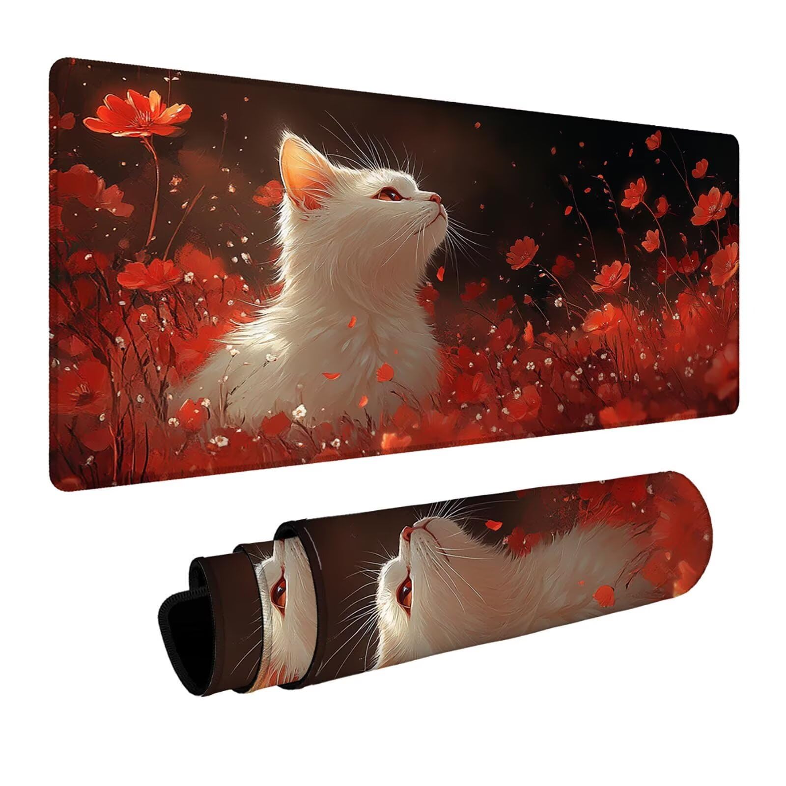 Mauspad Katze Gaming Mauspad XXL 100x40x0.3cm Wasserfest Schreibtischunterlage Tier Genähte Kanten Antirutsch Gummibasis, Mauspad Gaming für Laptop Tastatur Maus Herbstdeko Home Decoration FSBD-4592