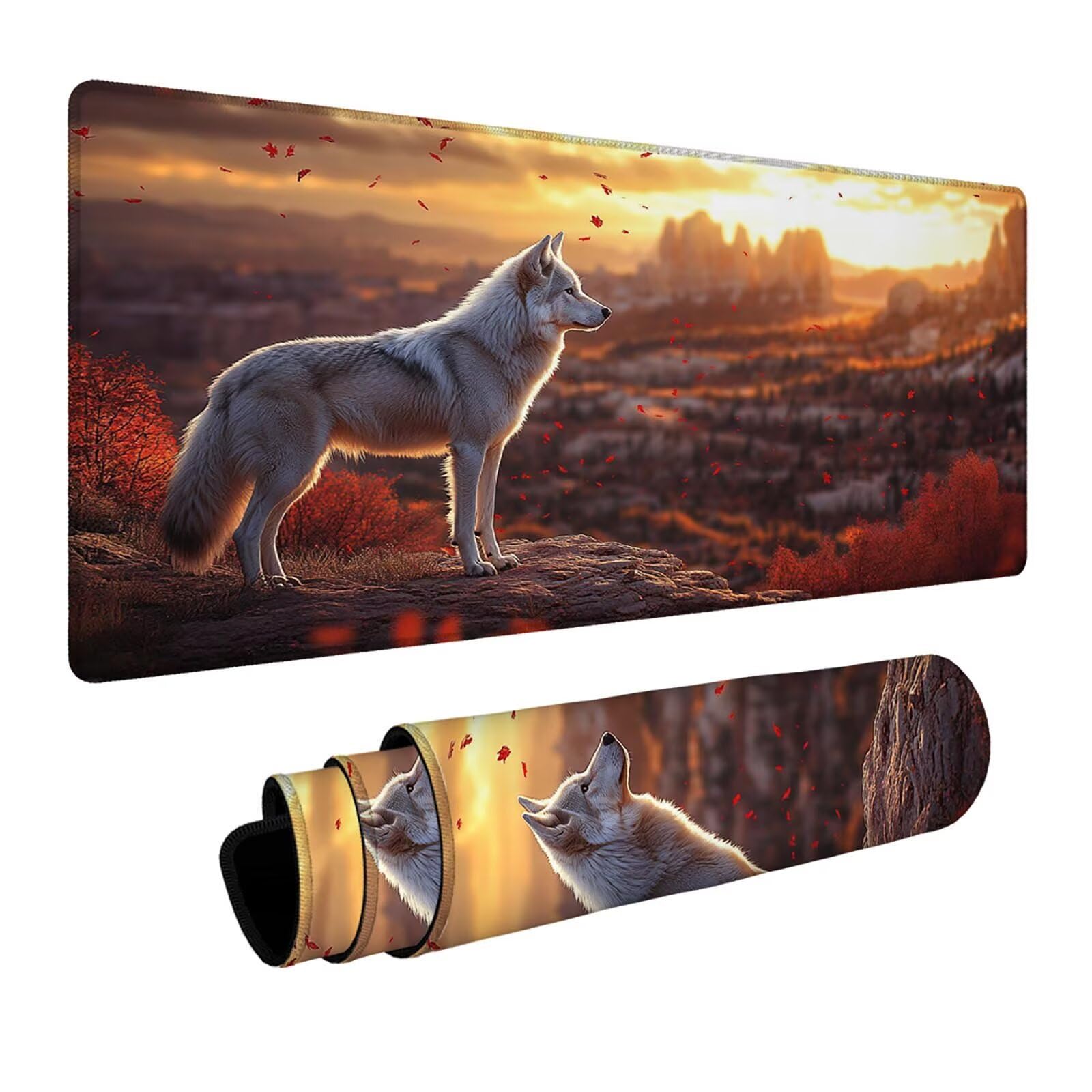 Mauspad Wolf Gaming Mauspad XXL 1000x400x3mm Wasserfest Schreibtischunterlage Tier Genähte Kanten Antirutsch Gummibasis, Mauspad Gaming für Laptop Tastatur Maus Herbstdeko Home Decoration FSBD-6708