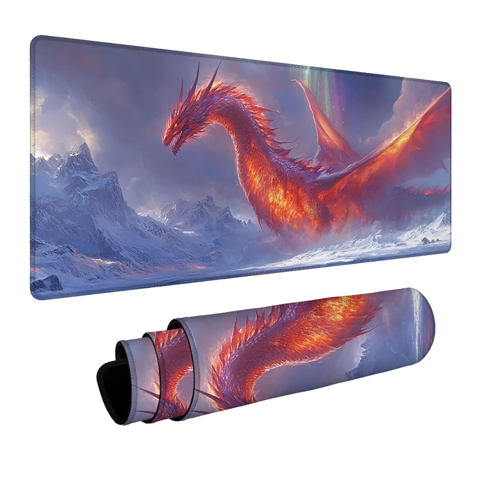 Mauspad Drachen Gaming Mauspad XXL 100x40x0.3 cm Wasserfest Schreibtischunterlage Winter Genähte Kanten Antirutsch Gummibasis, Mauspad Gaming für Laptop Maus Herbstdeko Home Decoration FSBD-7439