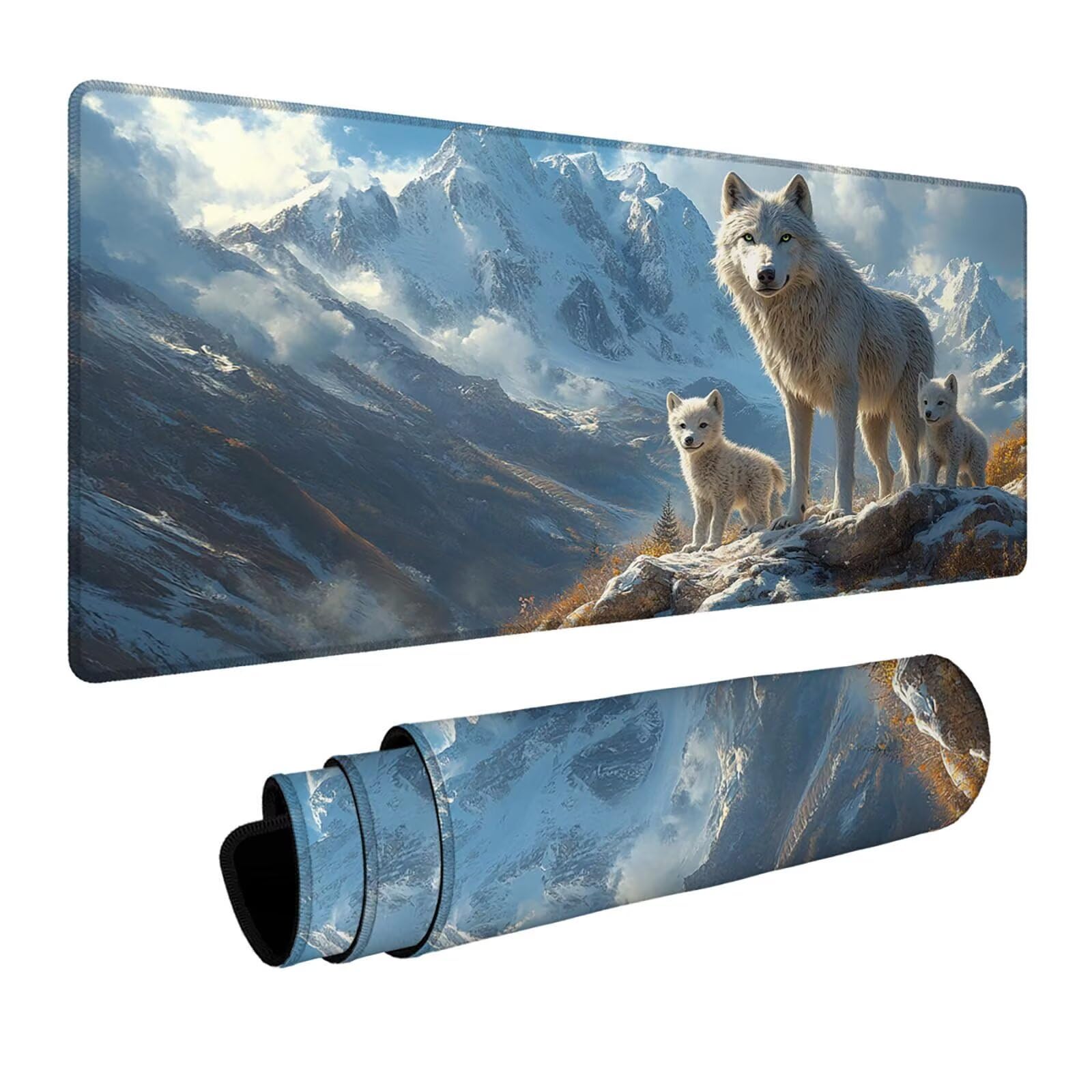 Mauspad Wolf Gaming Mauspad XXL 1000 x 400 x 3mm Wasserfest Schreibtischunterlage Schneeberg Genähte Kanten Antirutsch Gummibasis, Mauspad Gaming für Laptop Maus Herbstdeko Home Decoration FSBD-5828