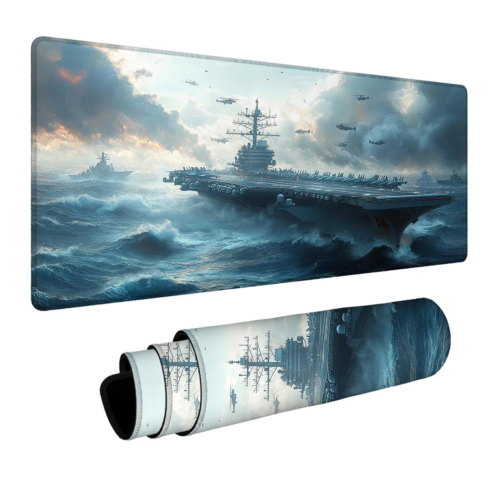 Mauspad Hubschrauber Gaming Mauspad xxl 1000 x 400 x 3 mm Wasserfest Schreibtischunterlage Flugzeugträger Genähte Kanten Antirutsch Gummibasis, Mauspad Gaming für Laptop Maus Home Decoration FSBD-6431