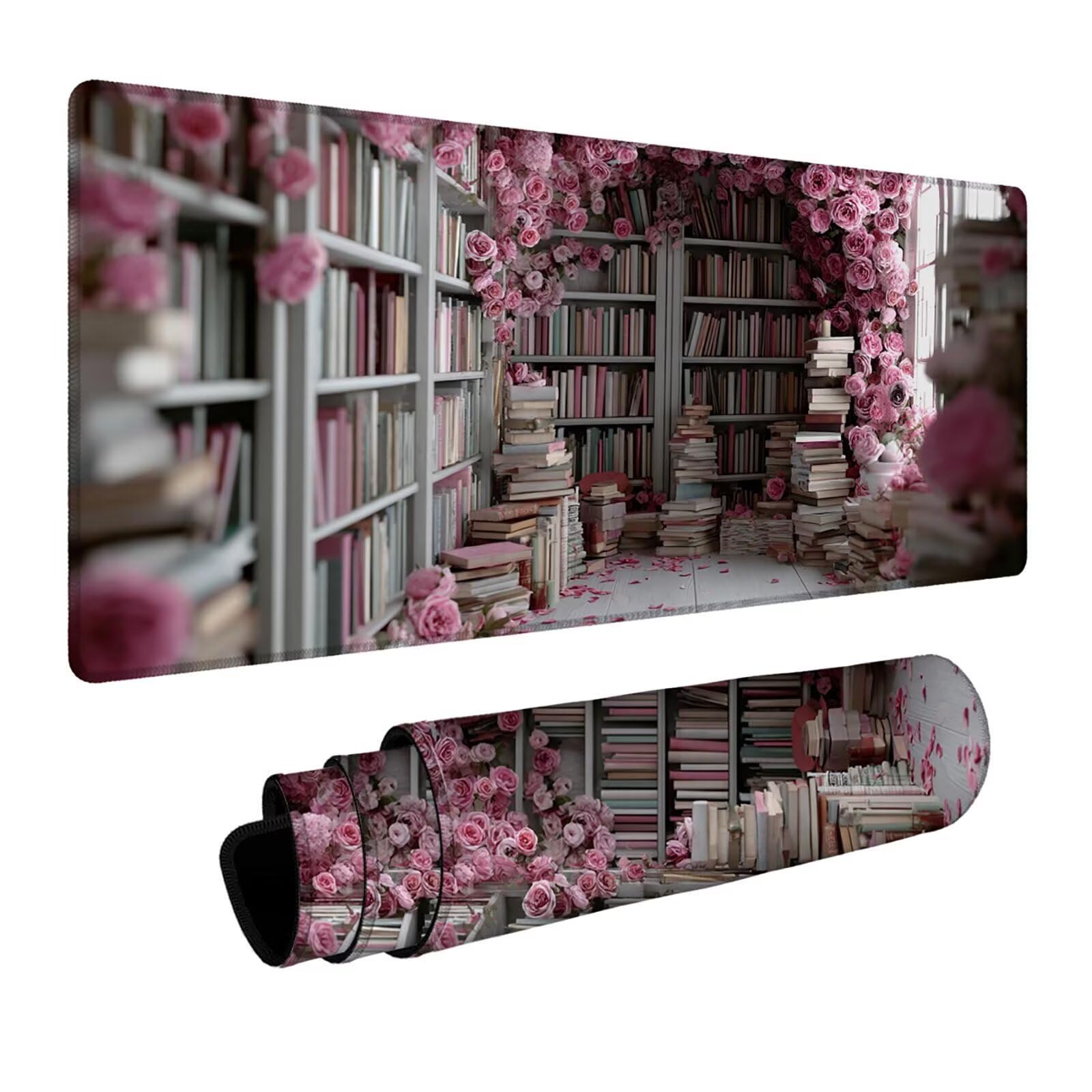 Mauspad Bücherregal Gaming Mauspad XXL 1000x400x3 mm Wasserfest Schreibtischunterlage Blume Genähte Kanten Antirutsch Gummibasis, Mauspad Gaming für Laptop Maus Herbstdeko Home Decoration FSBD-8426