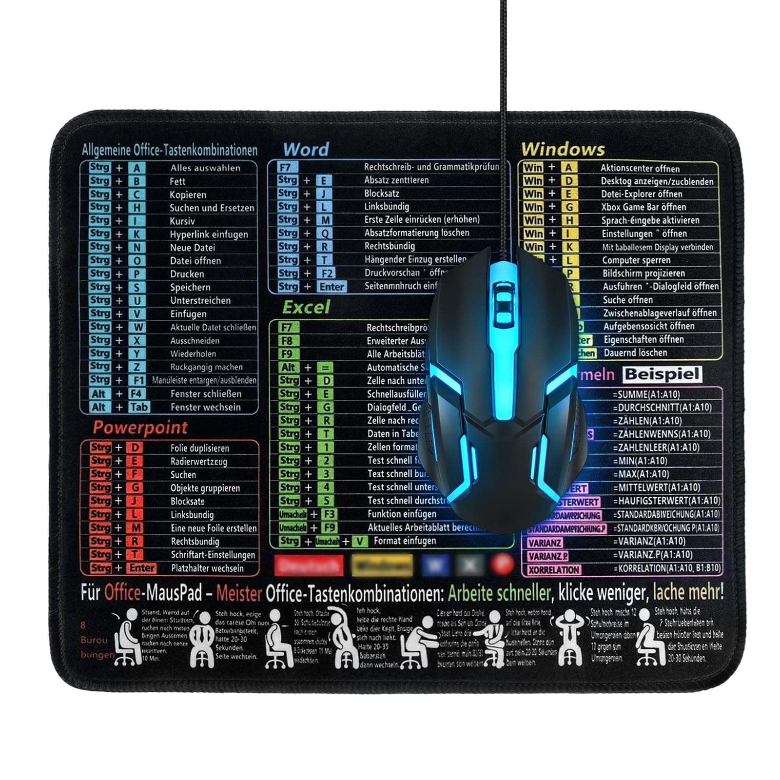 Mauspad 300 x 250 x 2 mm, Mauspad Klein für Excel Word PPT Windows Shortcuts, Excel Schreibtischunterlage Deutsch Wasserdicht und rutschfest, Schwarz Mousepad Deutsch für Büro Zuhause Gaming Studium