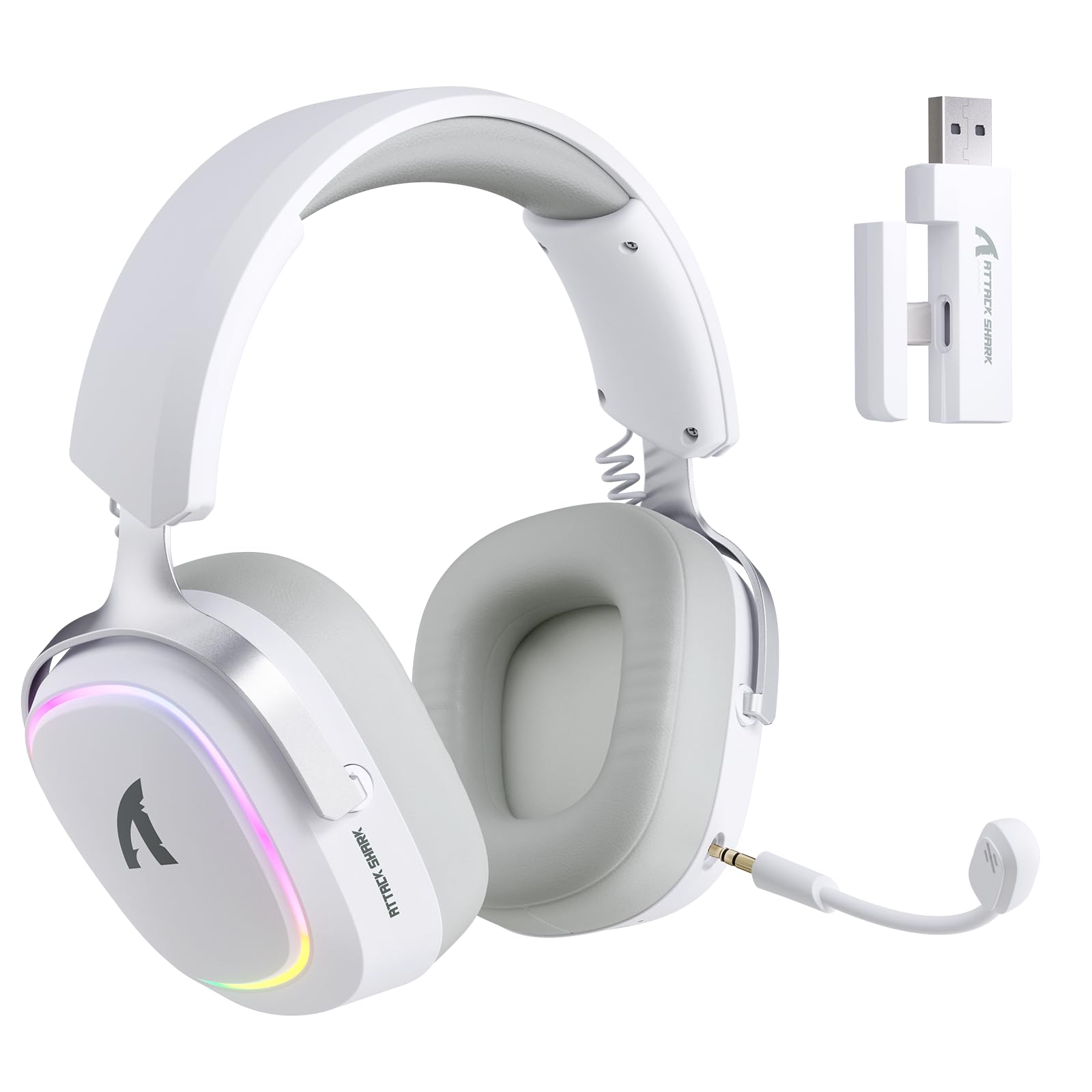 ATTACK SHARK G800 Kabelloses Gaming-Headset, Aluminiumrahmen, 7.1 Surround, Biegsames ENC-Mikrofon, Tri-Modus(2.4G/BT/3.5mm), 1000mAh, 50mm Treiber, RGB Für PC/Mac/PS/Xbox - Weiß