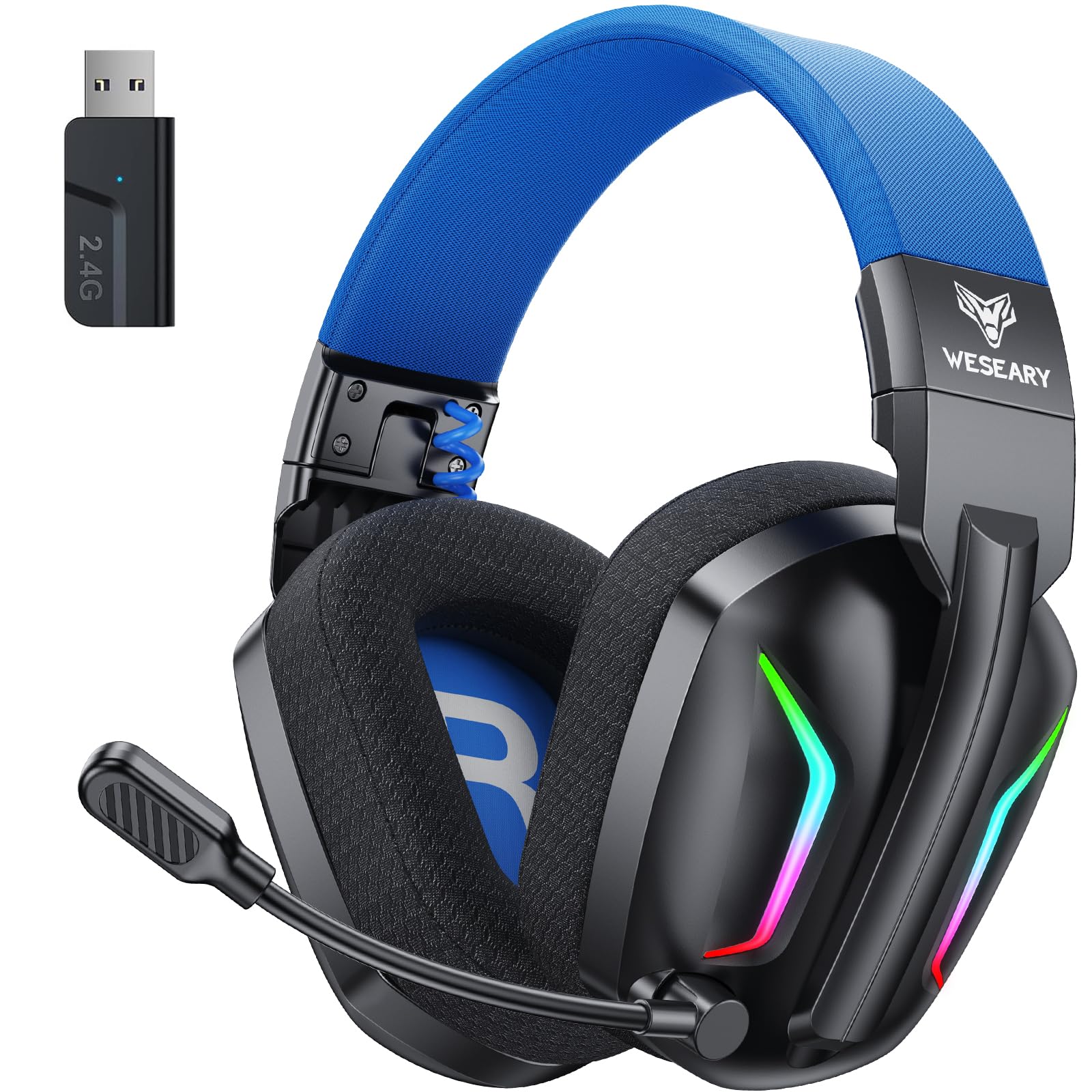 WESEARY WG1 Bluetooth Headset, 2,4G Wireless Gaming Headset mit Mikrofon für PS5, PS4, PC, Switch, Mac, Faltbarer Surround Sound Noise Cancelling Kopfhörer mit LED Licht, Über 50 Stunden Akkulaufzeit