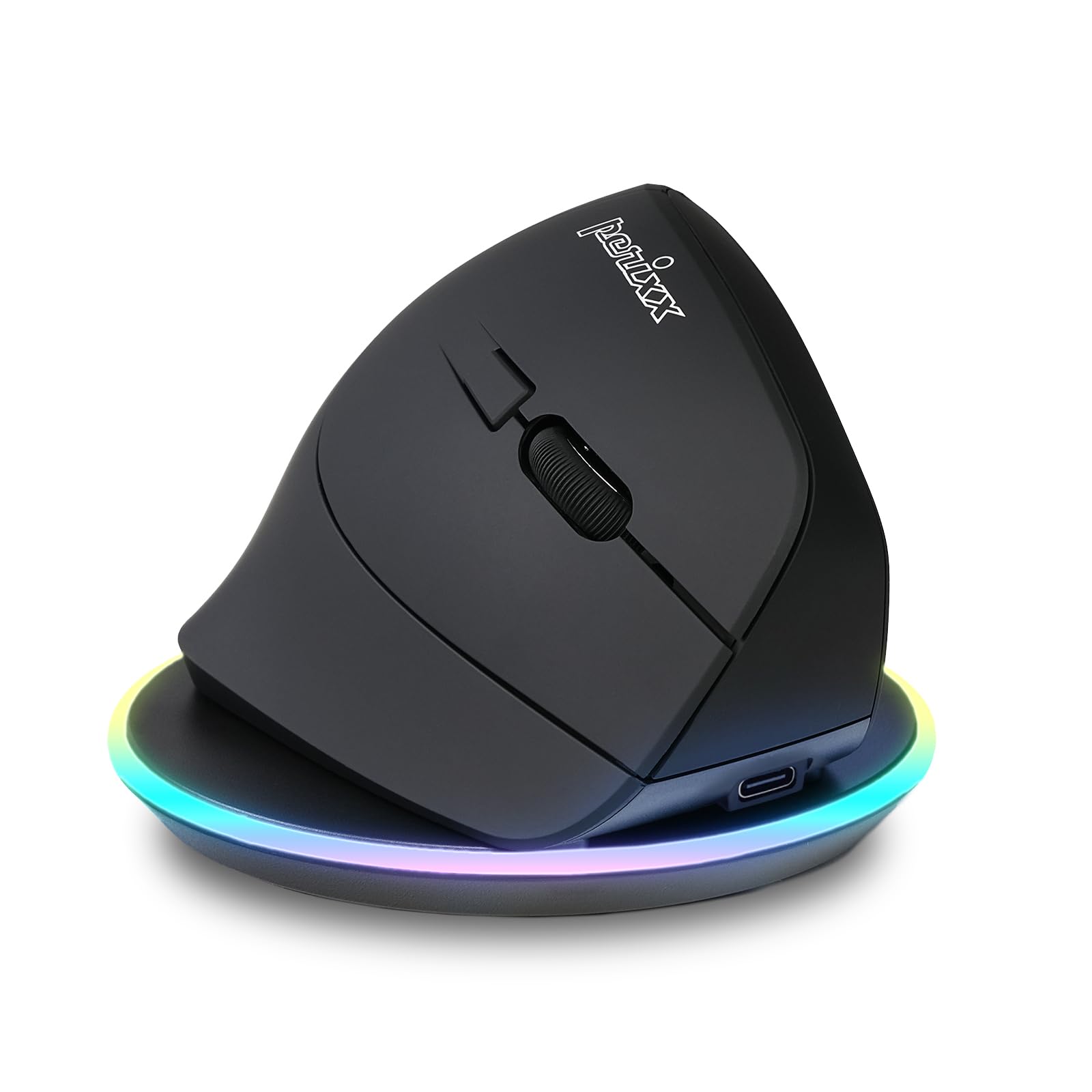 Perixx PERIMICE-715RX Kabellose Wiederaufladbare Vertikale Maus – Duale Ladefunktion (Kabel & Wireless) – Wireless-Ladegerät Inklusive – Für Rechtshänder – Schwarz