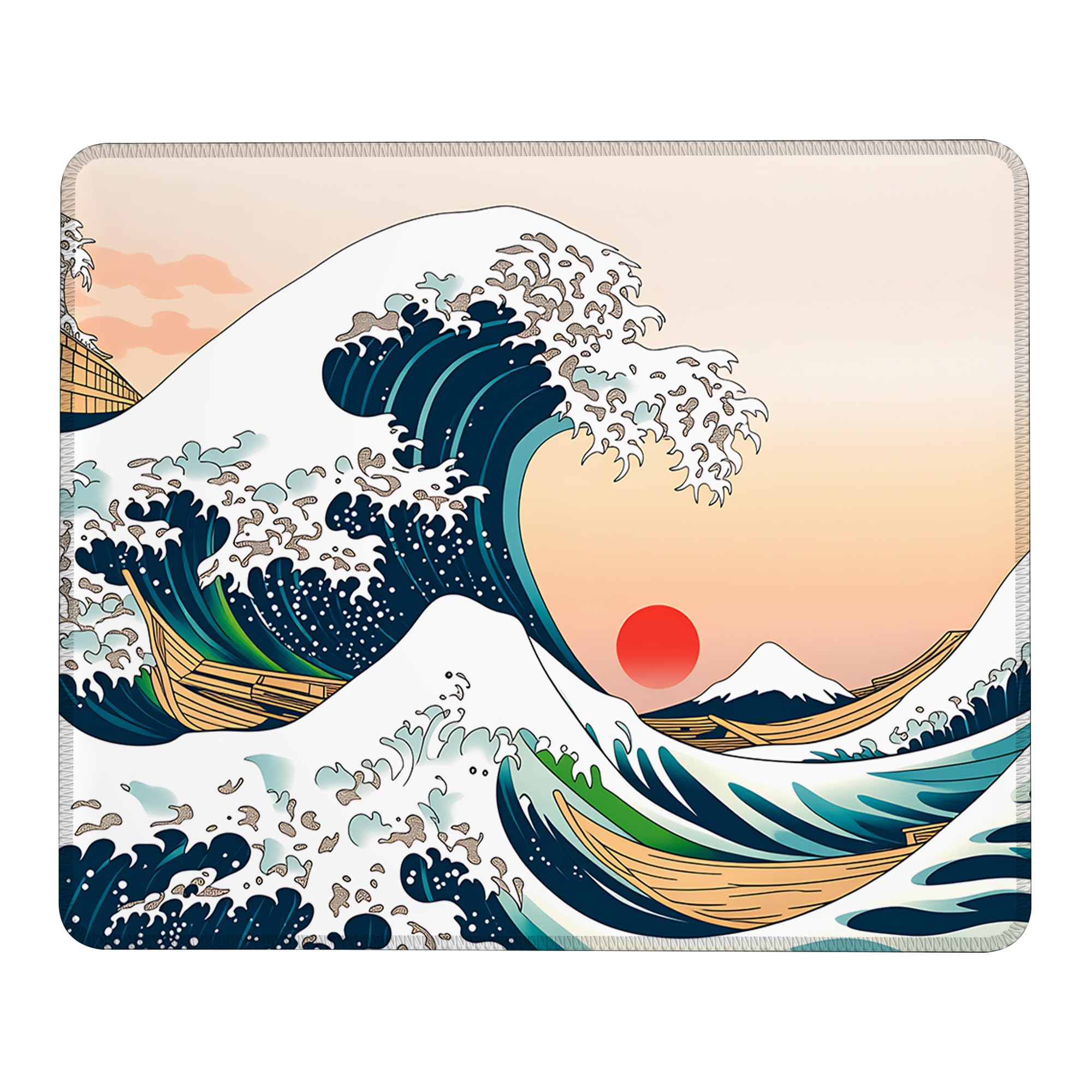 Japanisches Wellen-Mauspad mit rutschfester Gummiunterseite, waschbares Computer-Mauspad mit genähten Kanten, kleine Mauspads für Computer, Laptop, Gaming, Büro und Zuhause, 24,1 x 20,1 cm