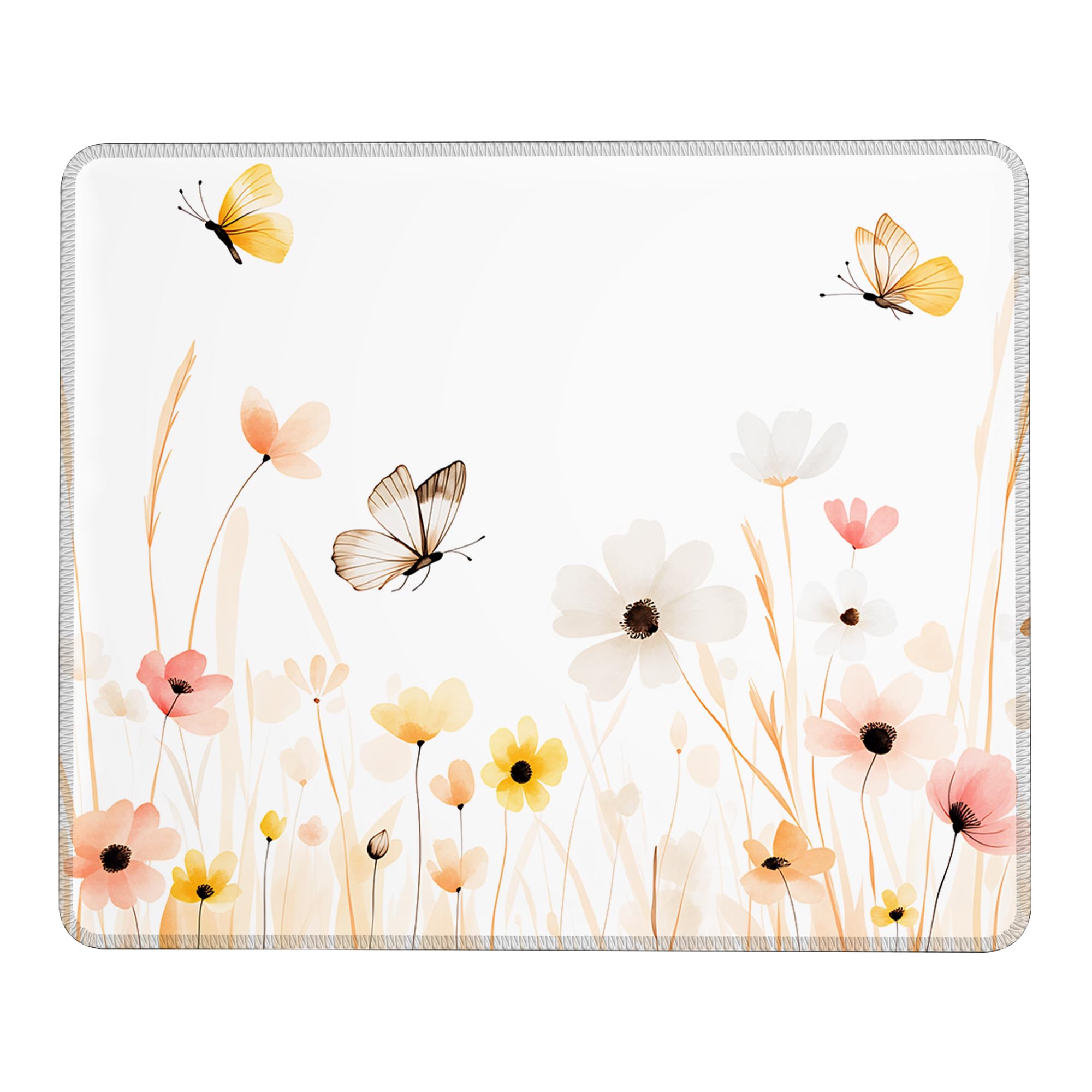 Mauspad mit Wildblumen- und Schmetterlingsmotiv und rutschfester Gummiunterseite, waschbares Computer-Mauspad mit genähten Kanten, kleine Mauspads für Computer, Laptop, Gaming, Büro und Zuhause, 24,1